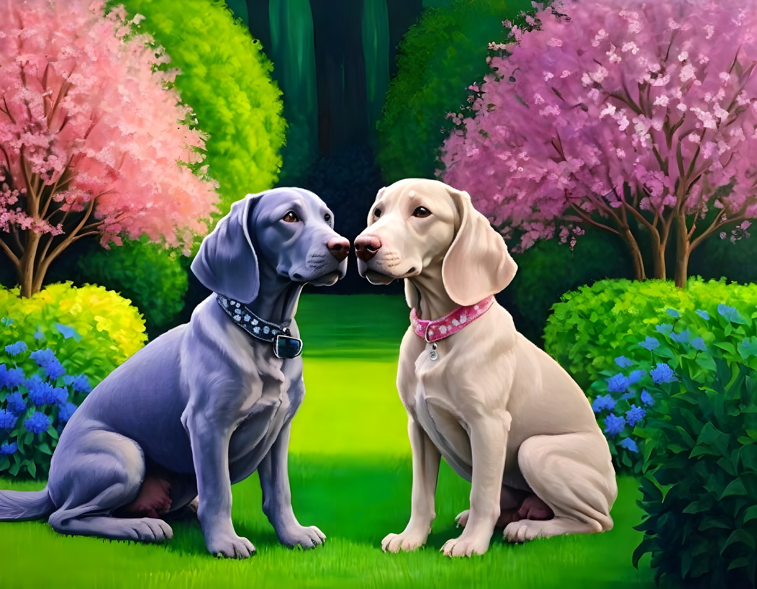 Labrador Dogs Sitting Nose-to-Nose in Colorful Garden