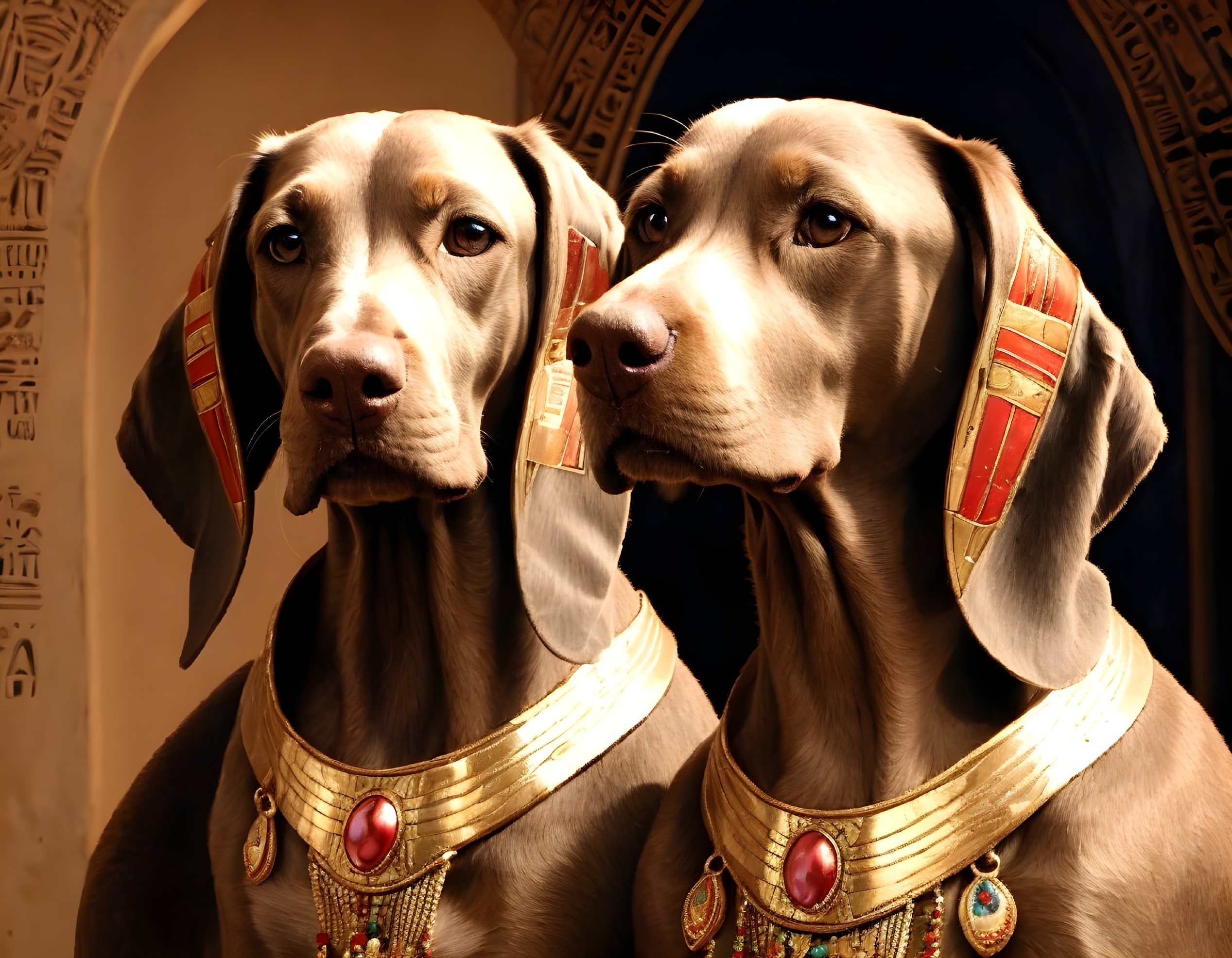 Egyptian-style Collared Dogs by Arch with Hieroglyphics