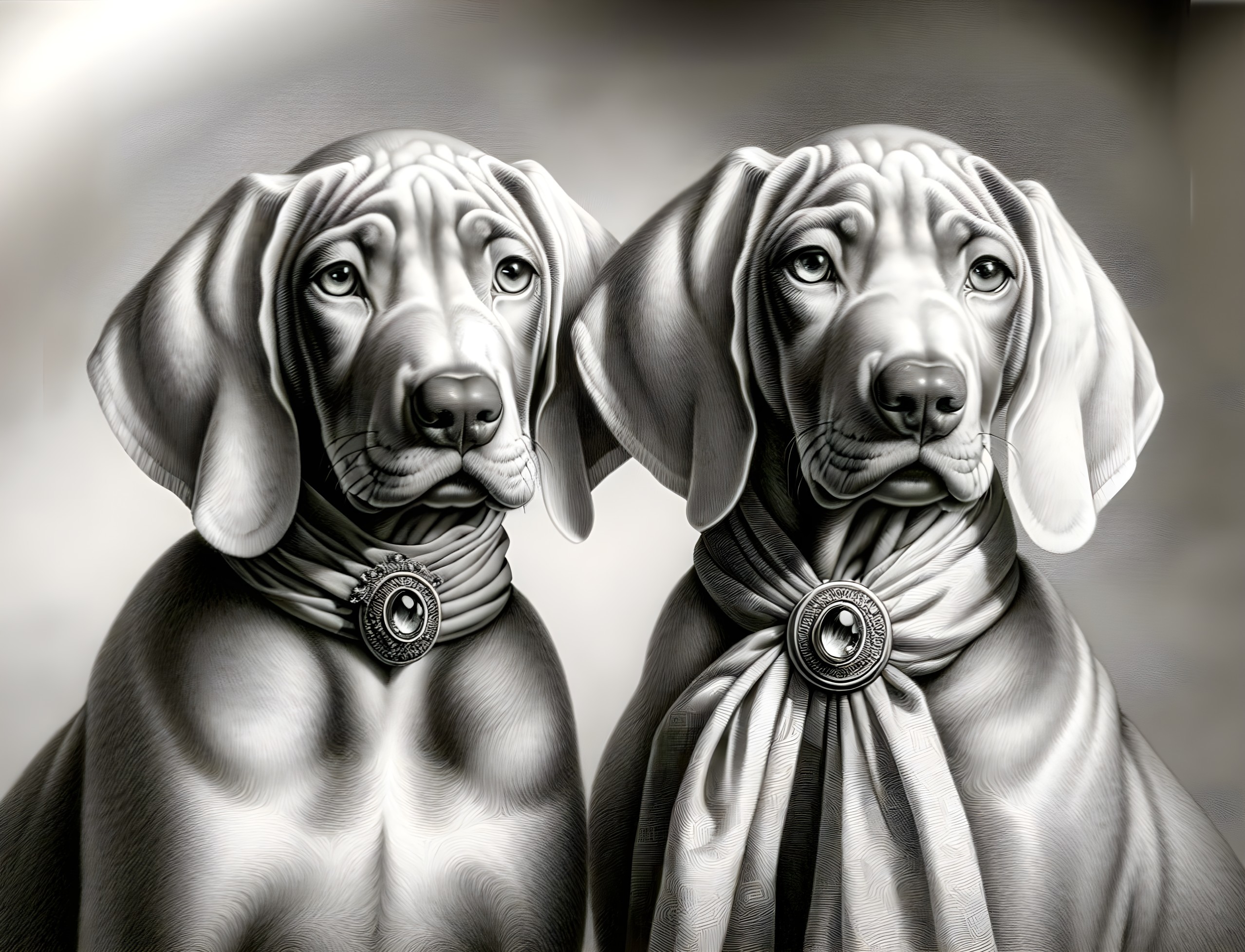 Monochrome Portrait of Two Elegant Dogs with Scarves