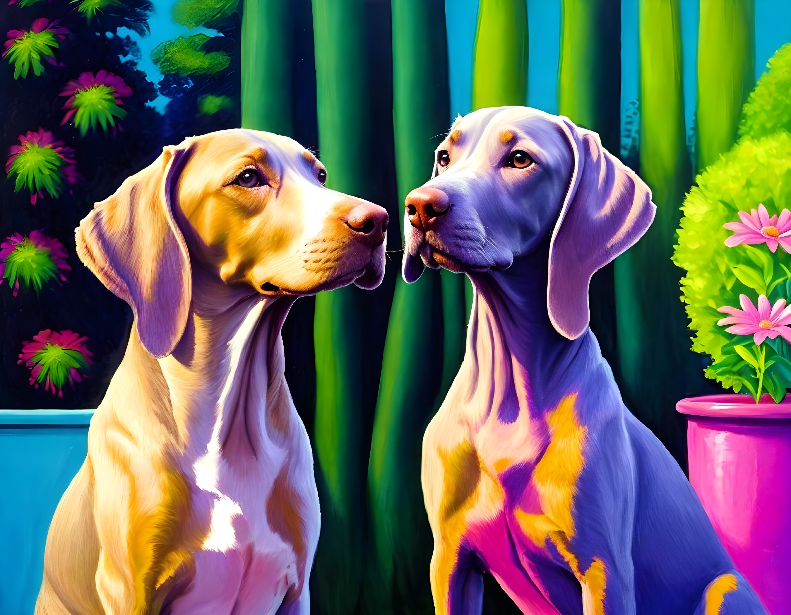 Colorful Stylized Dogs Against Vibrant Floral Background