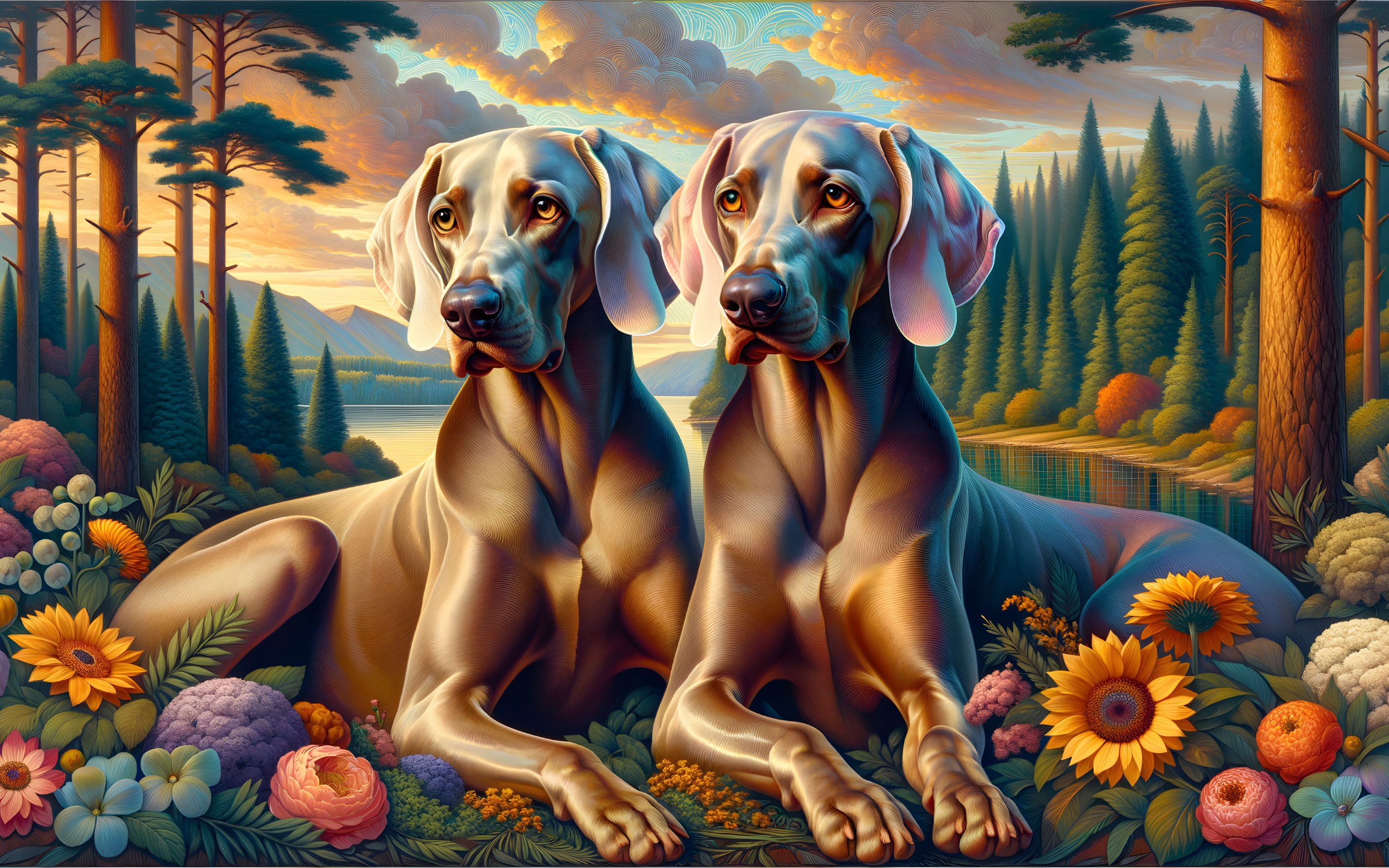 Weimaraners in a Colorful Landscape with Mountains