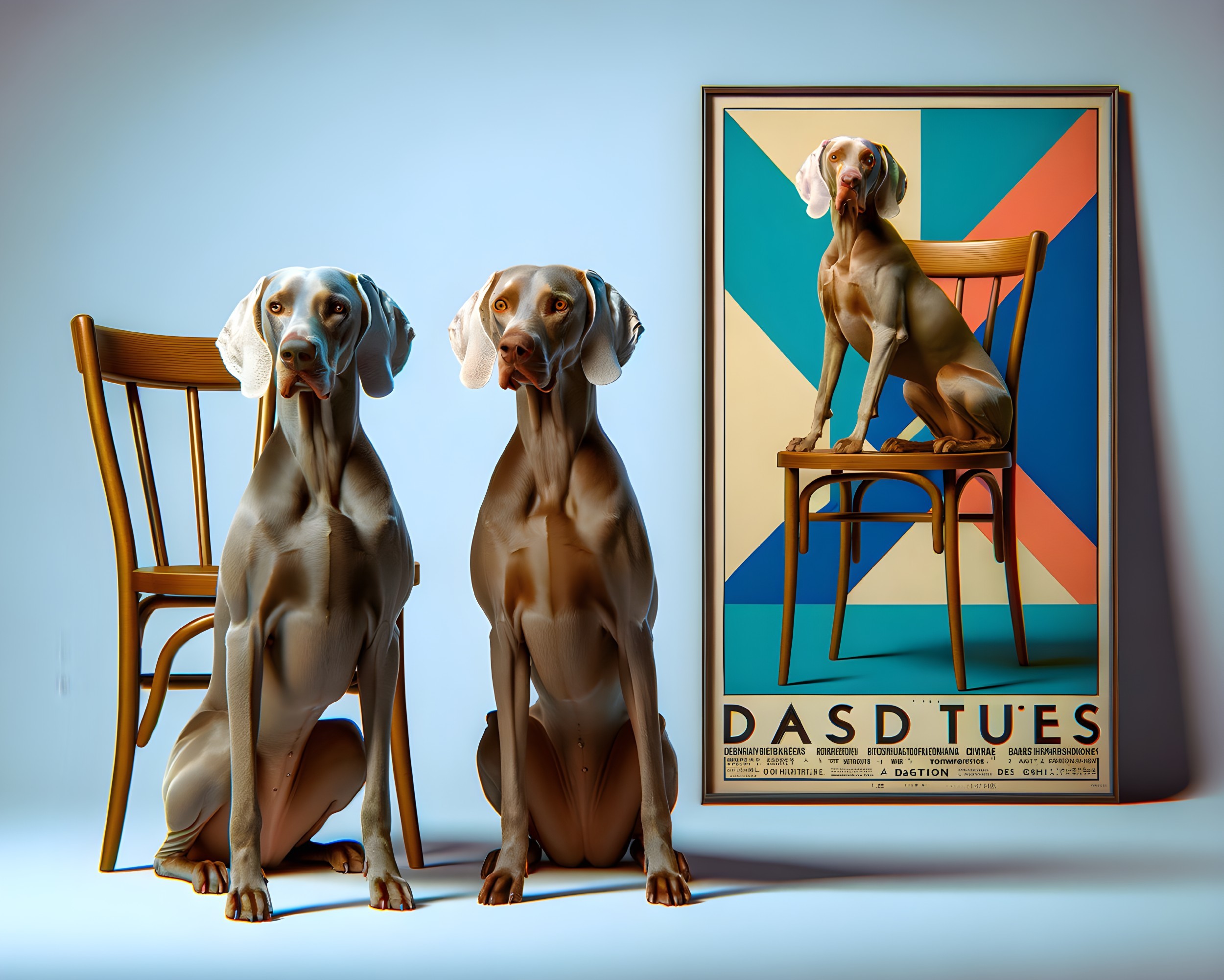 Stylized Weimaraner Dogs Beside Chair with Artwork