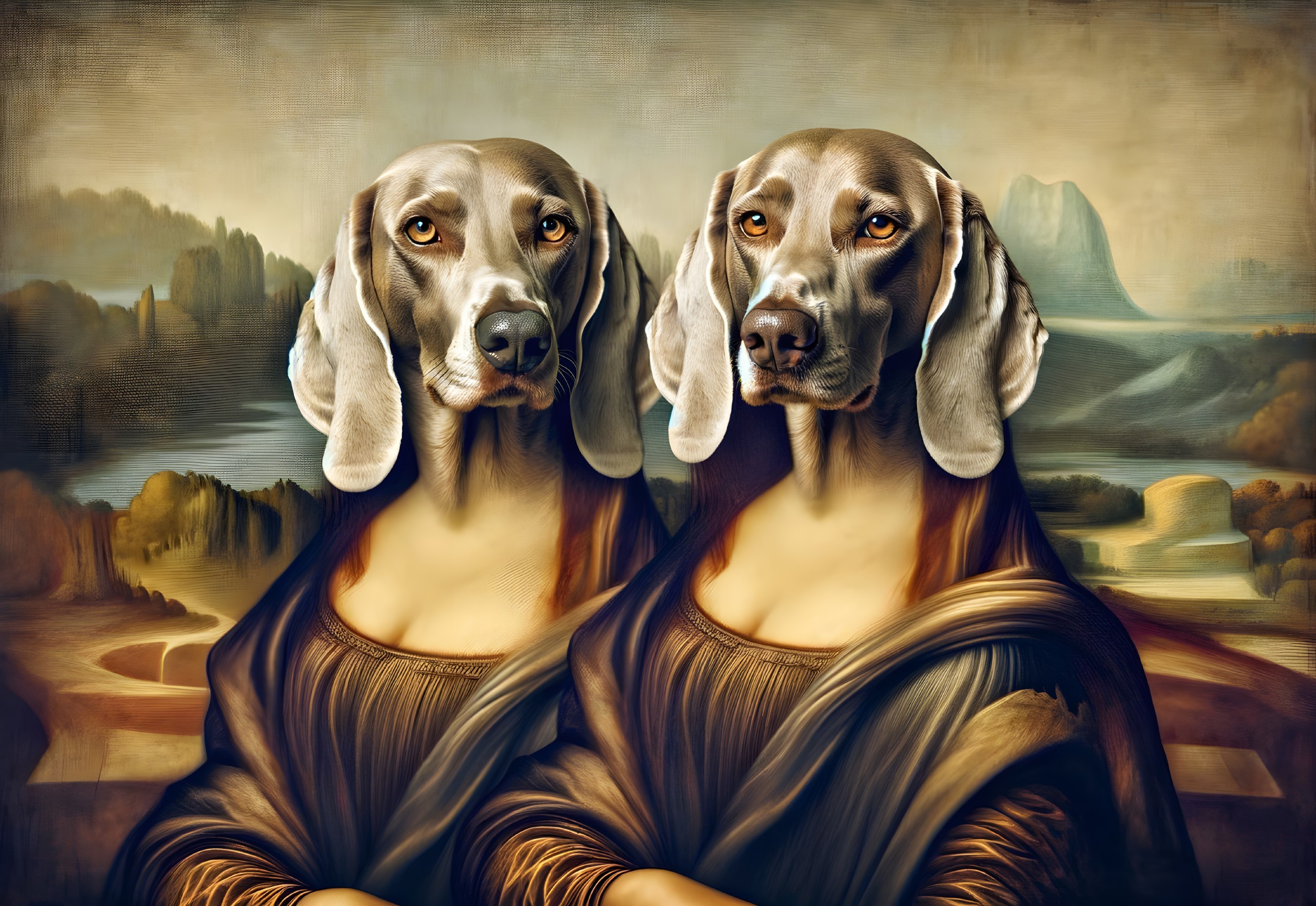 Dogs in Renaissance Clothing with Serene Landscape