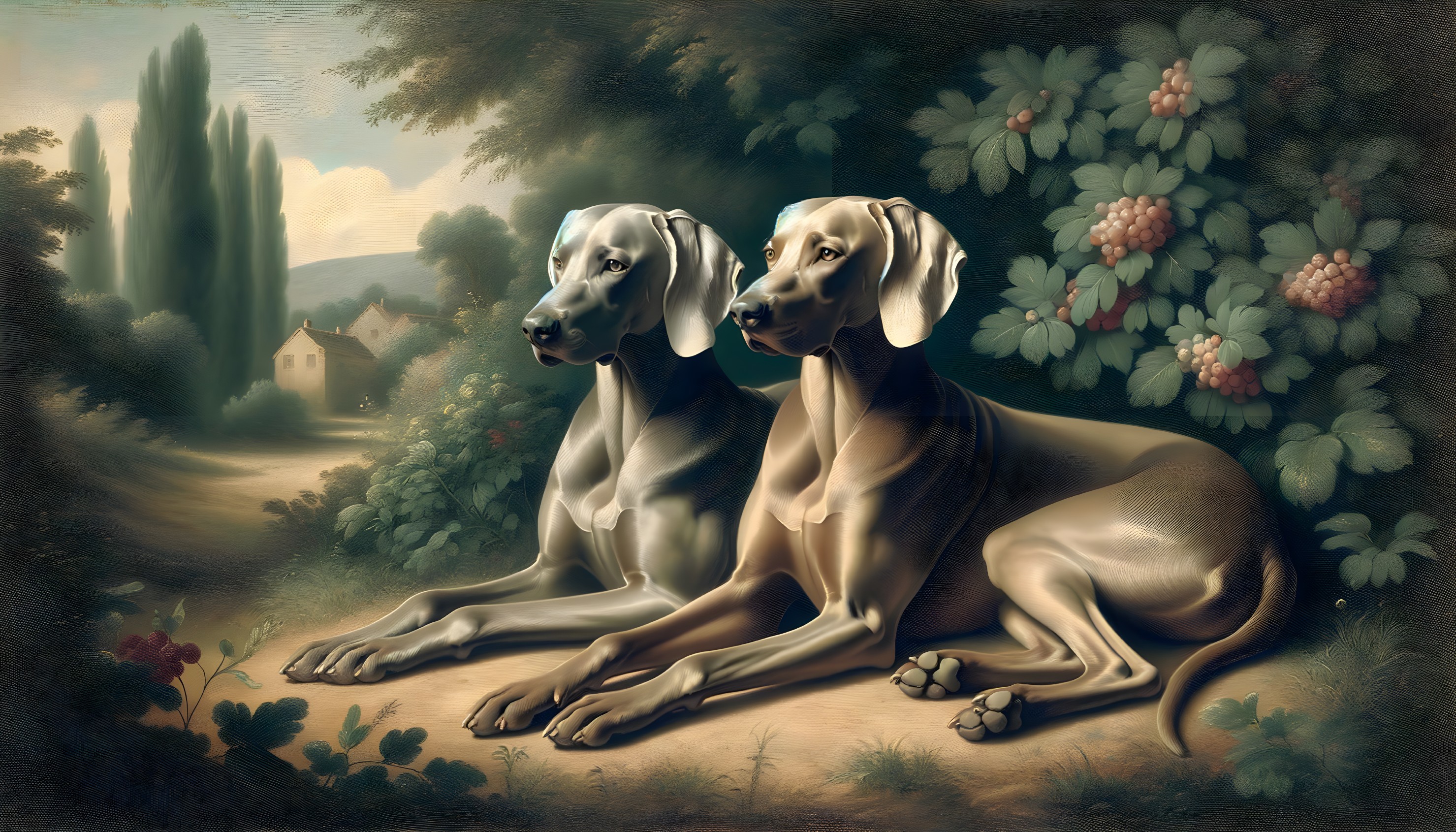 Elegant dogs resting in a serene landscape setting