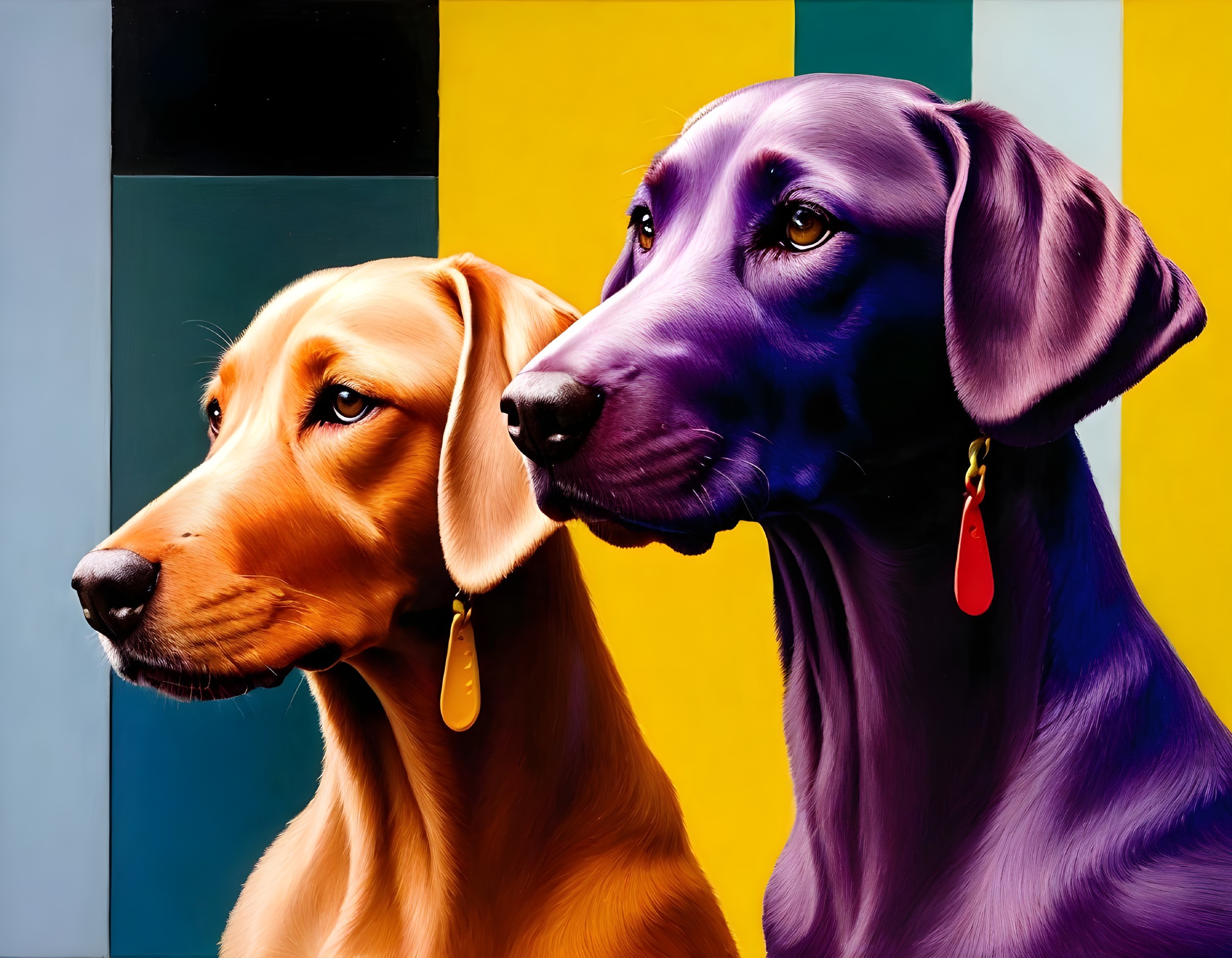 Colorful Dogs on Geometric Background: Golden and Purple with Red Tags