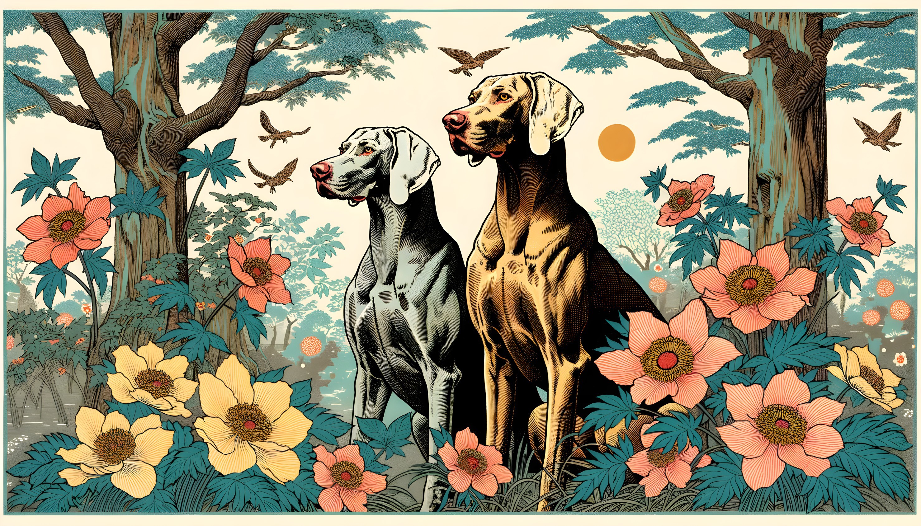 Elegant Dogs Amidst Lush Greenery and Flowers
