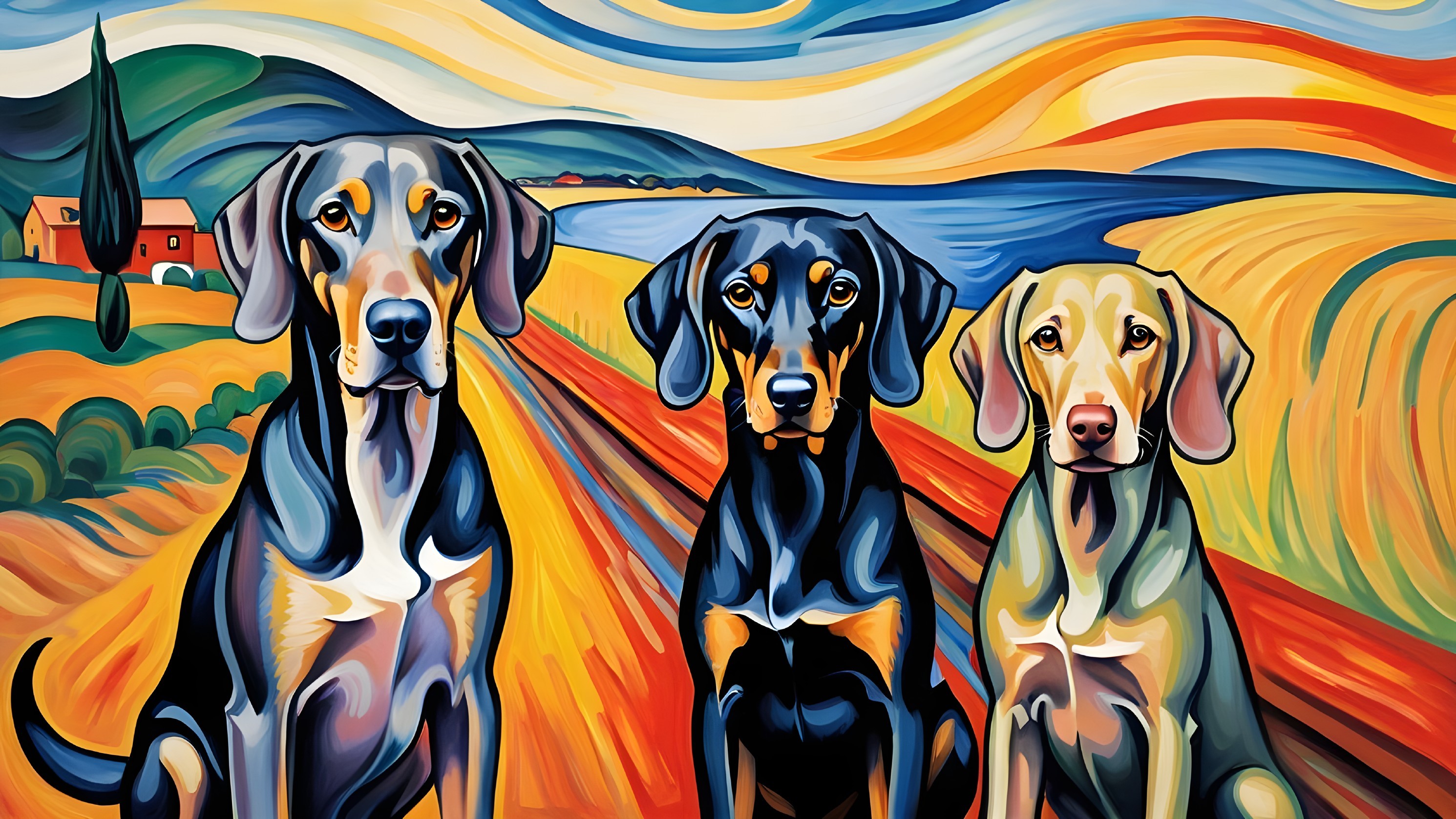 Stylized Dogs in a Colorful Landscape Scene