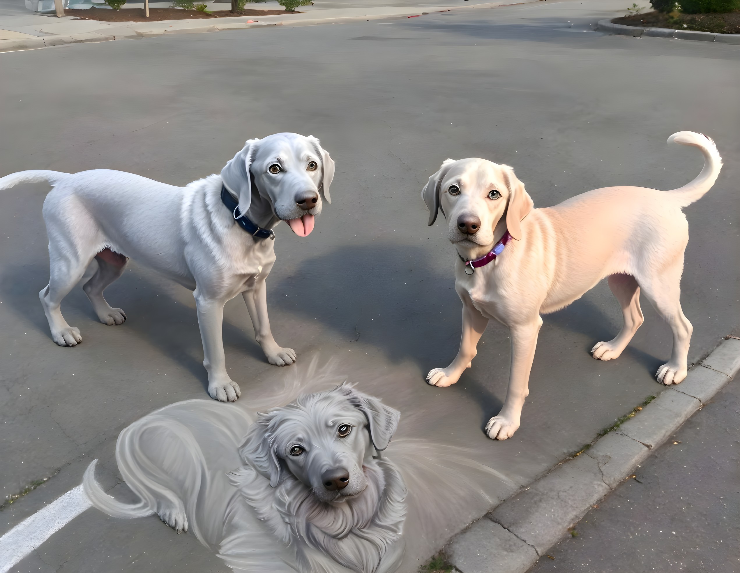 Cheerful Dogs on a Quiet Street with Whimsical Art