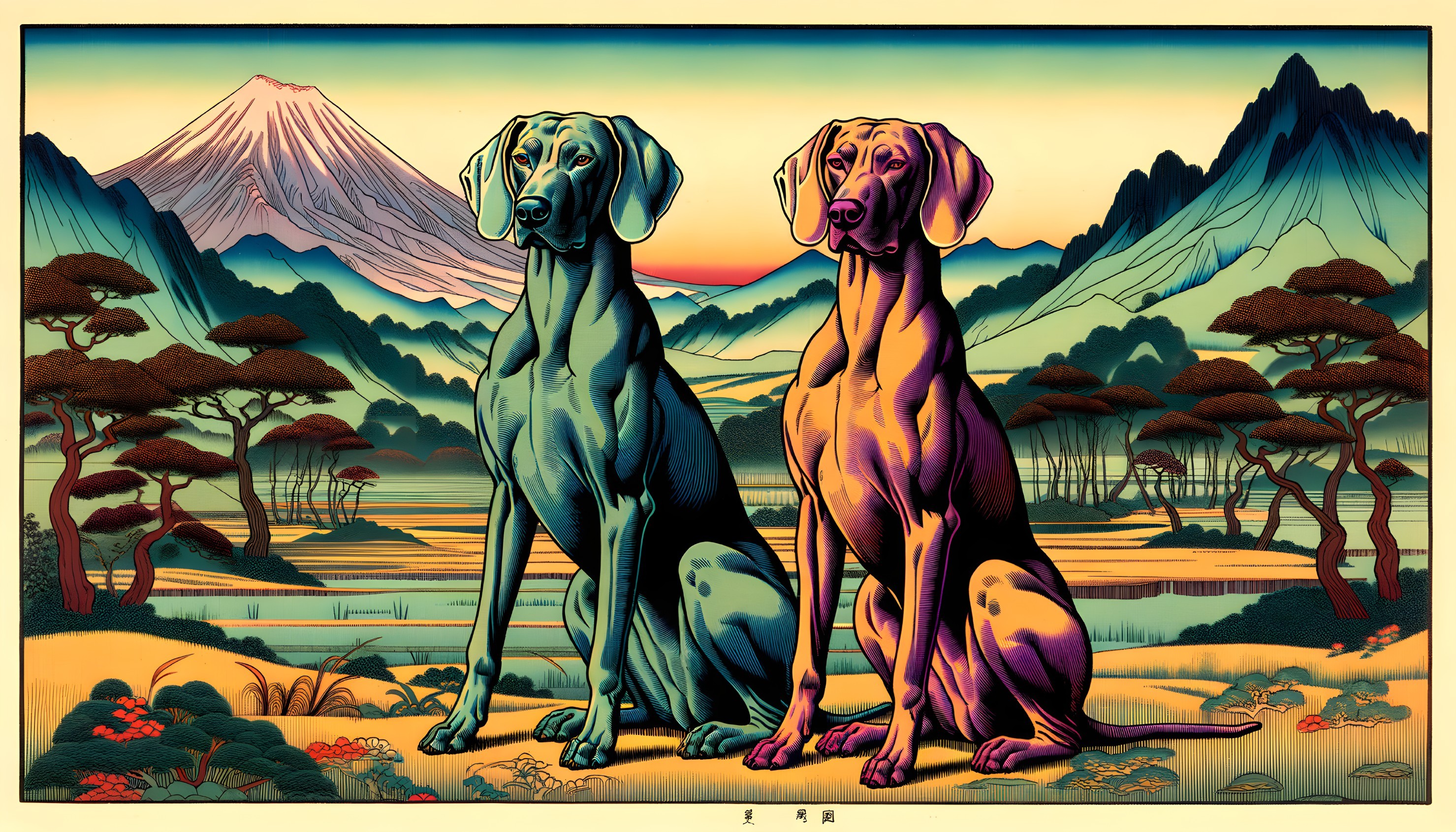 Vividly Colored Dogs in a Stylized Landscape Scene