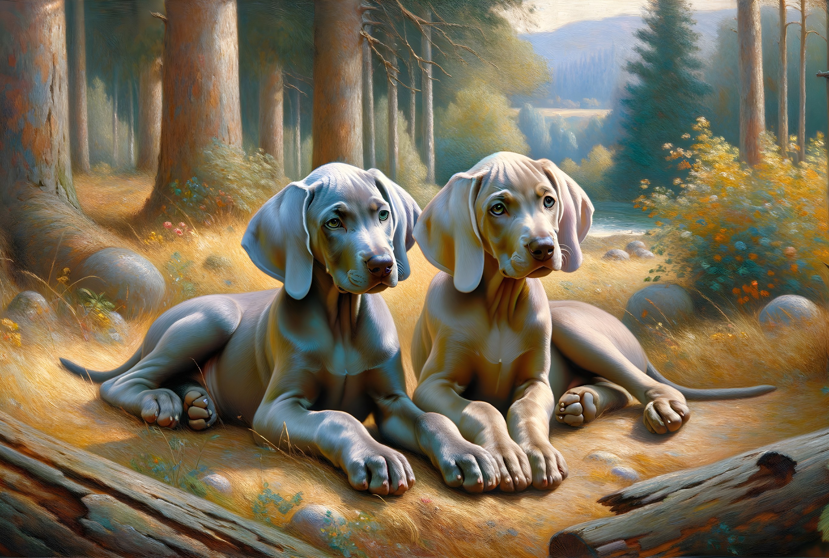 Playful Puppies Resting in a Serene Forest Setting