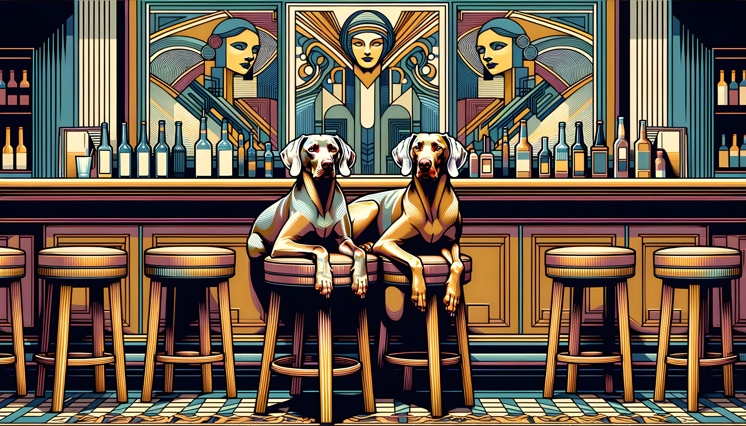 Elegant Dogs in Vintage Bar with Art Deco Mural