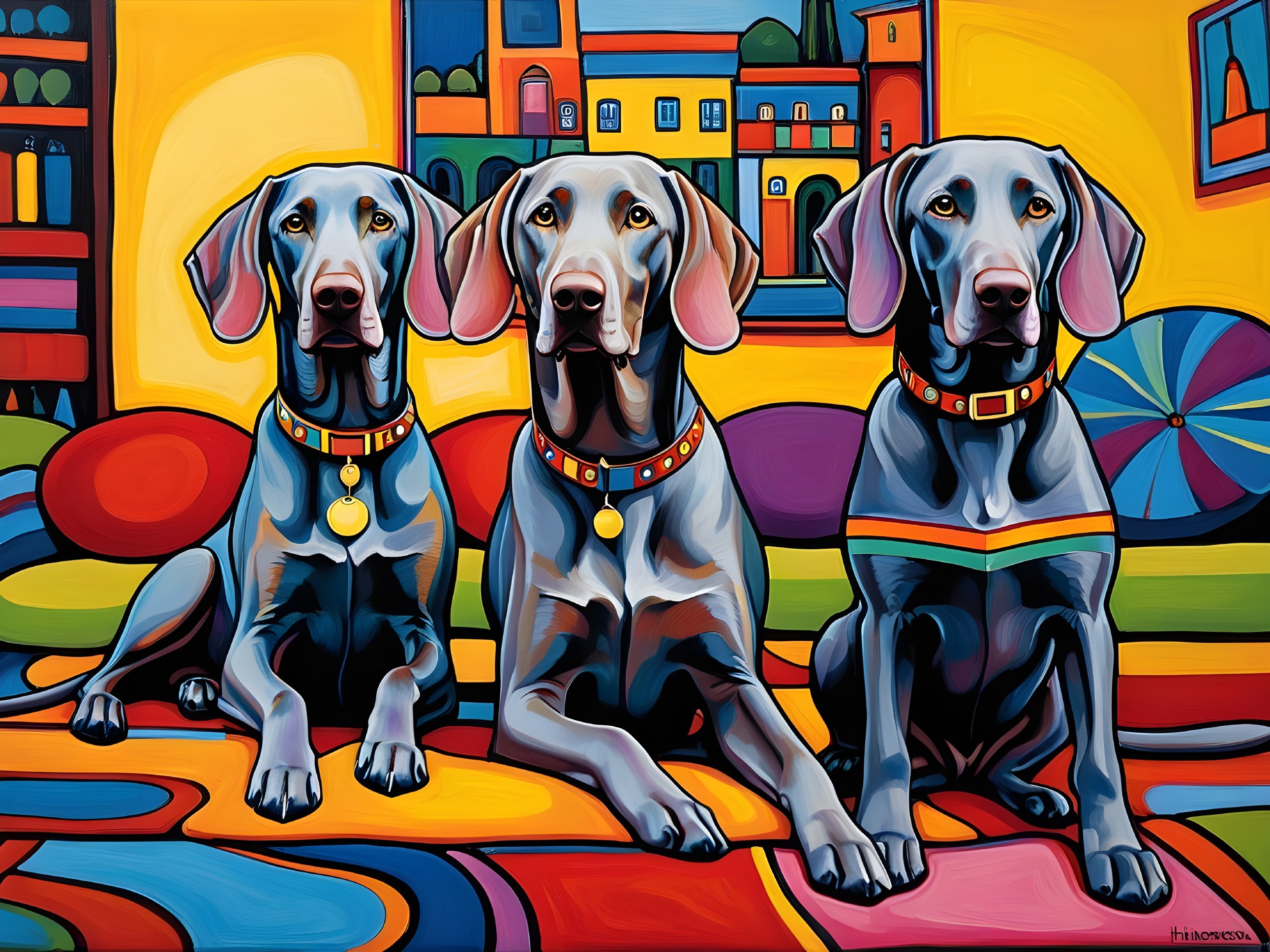 Stylized Gray Dogs on Colorful Geometric Rug