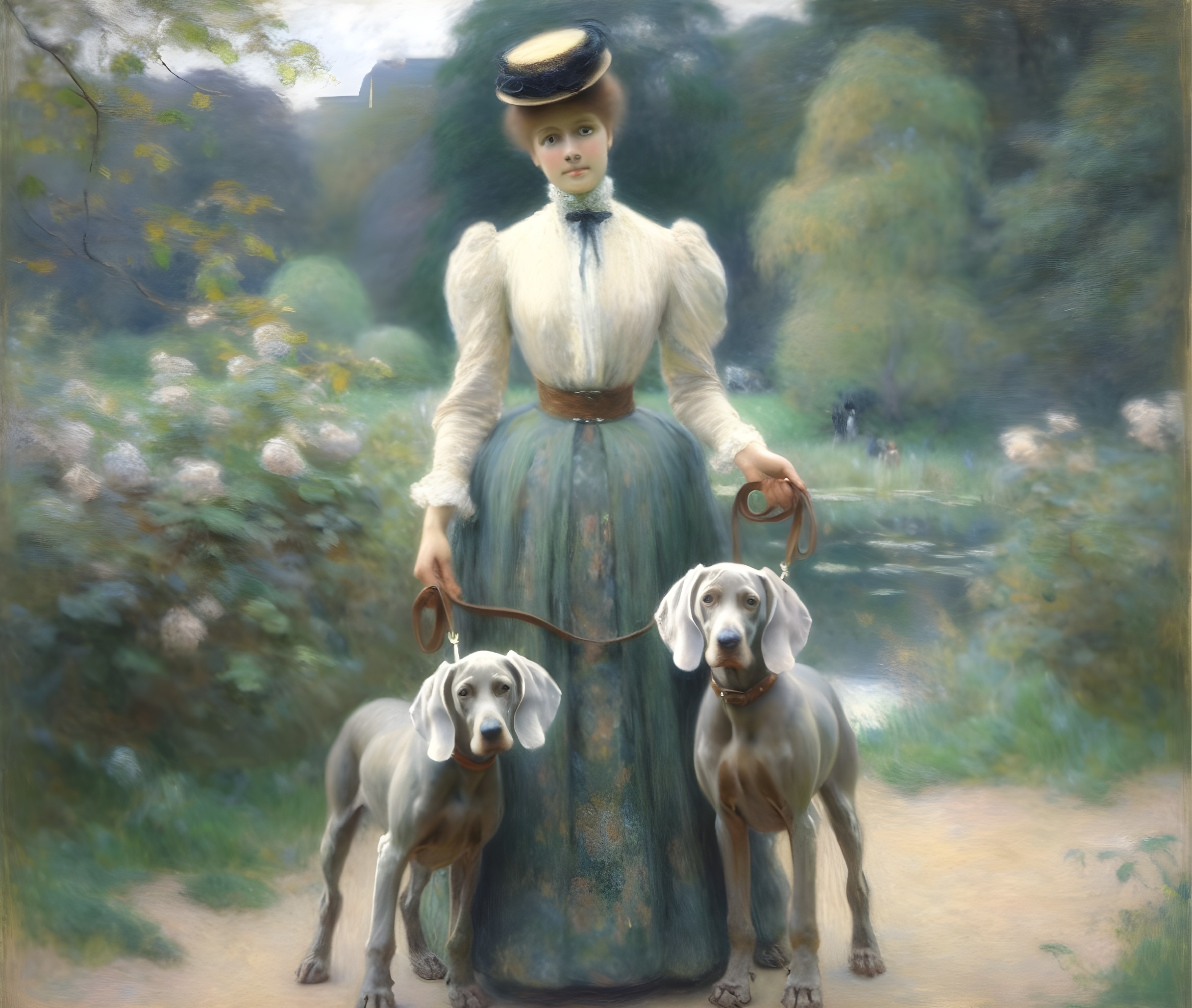 Elegant Woman with Weimaraners in Serene Park