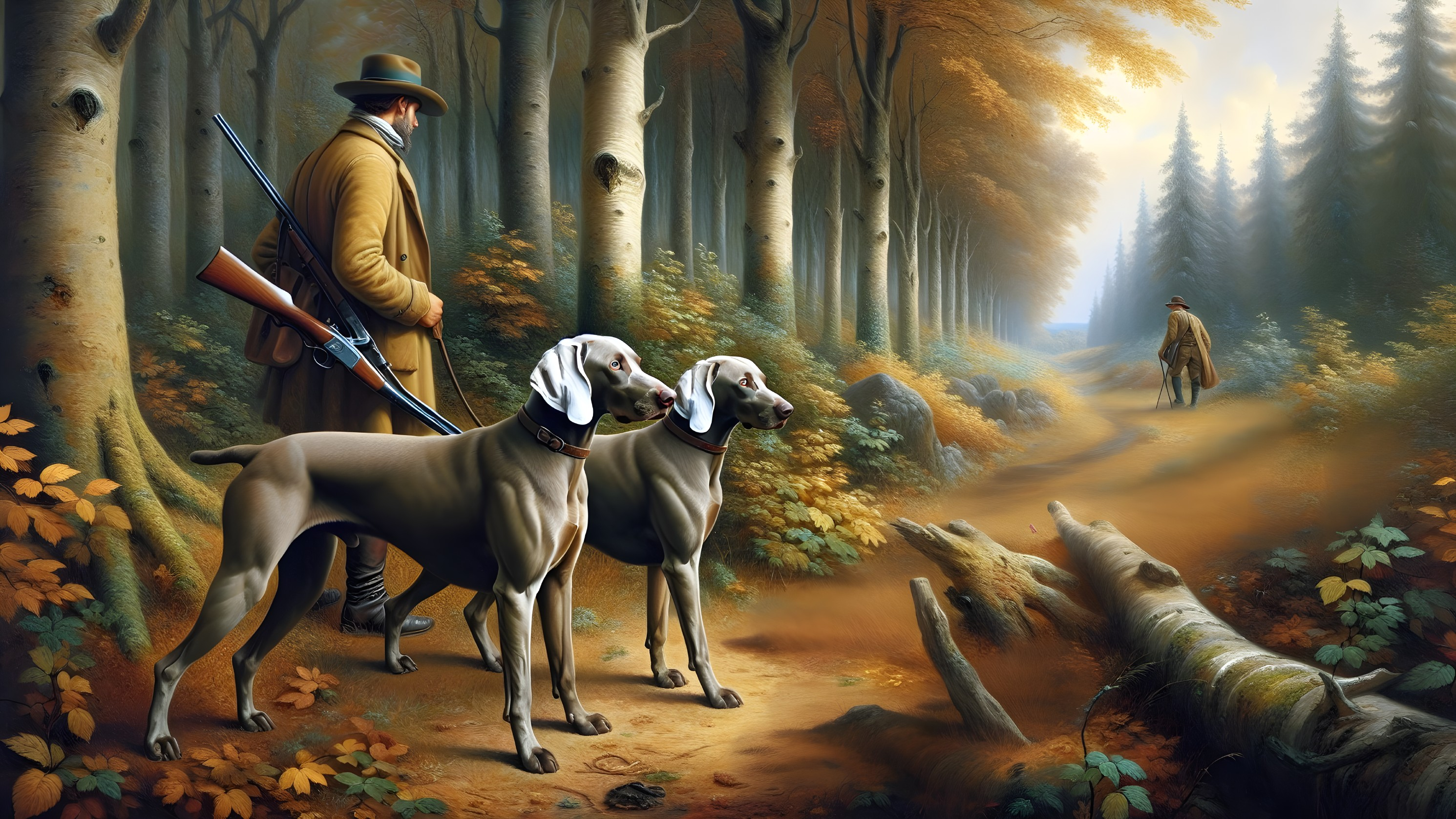 Hunter with Weimaraner Dogs in Autumn Forest Scene