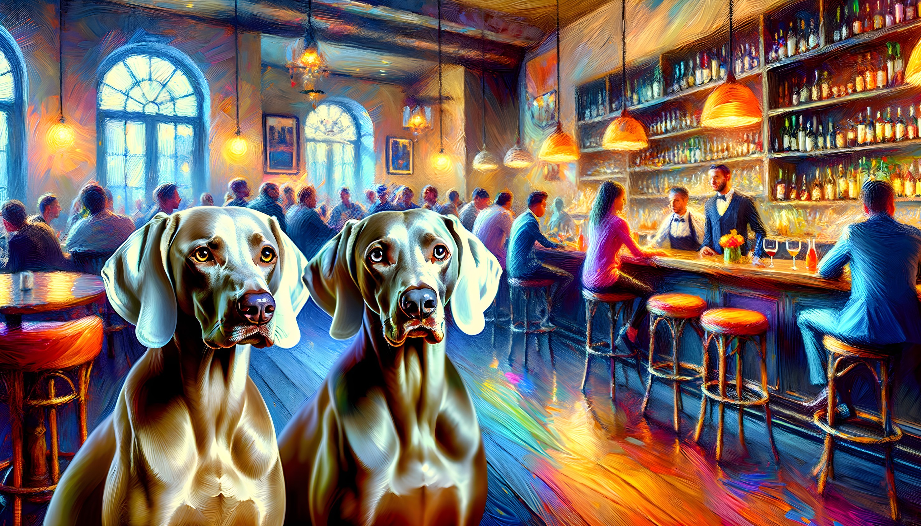 Elegant Dogs in Vibrant Bar Setting with Patrons