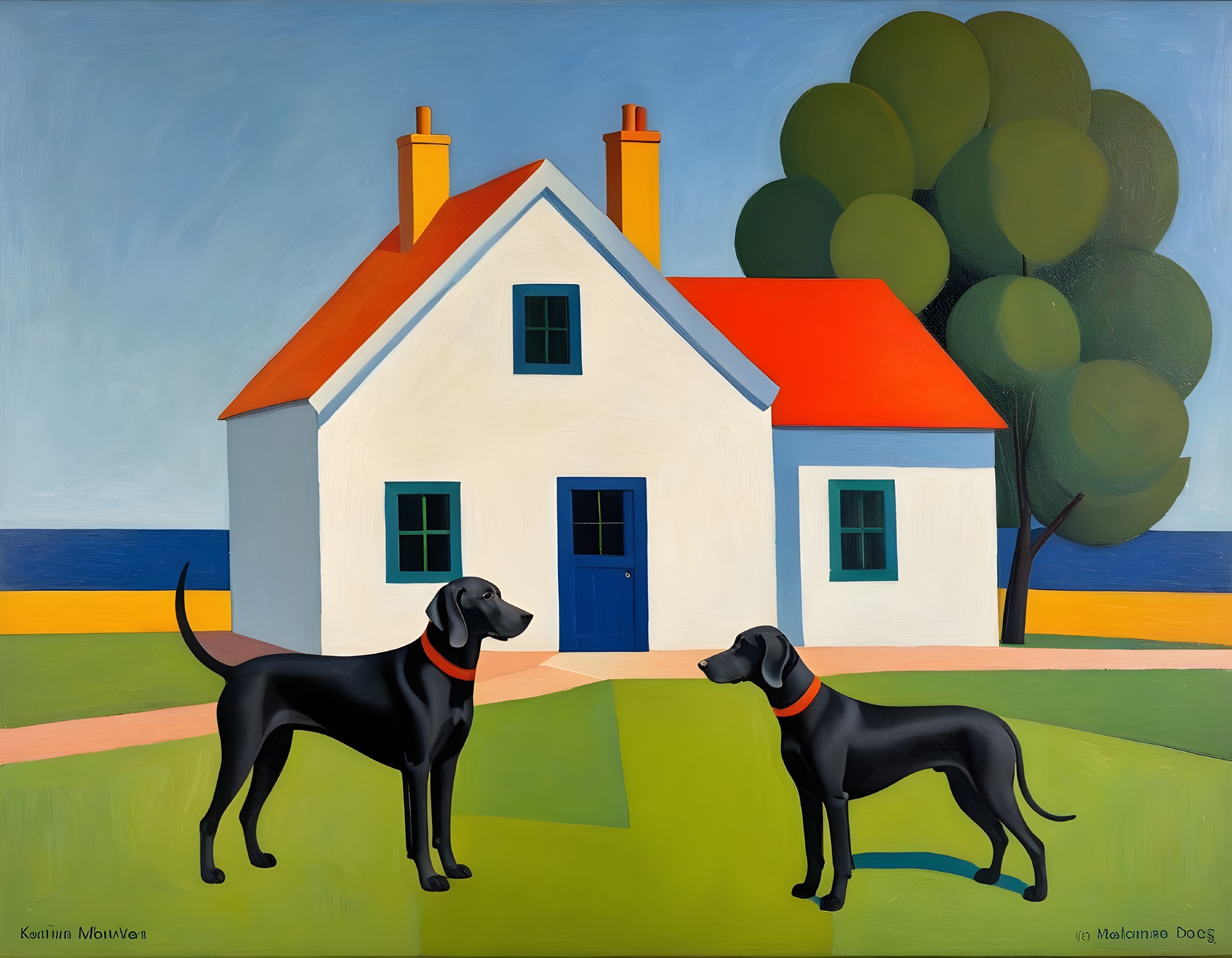 Vibrant Scene of Dogs in Lush Green Landscape