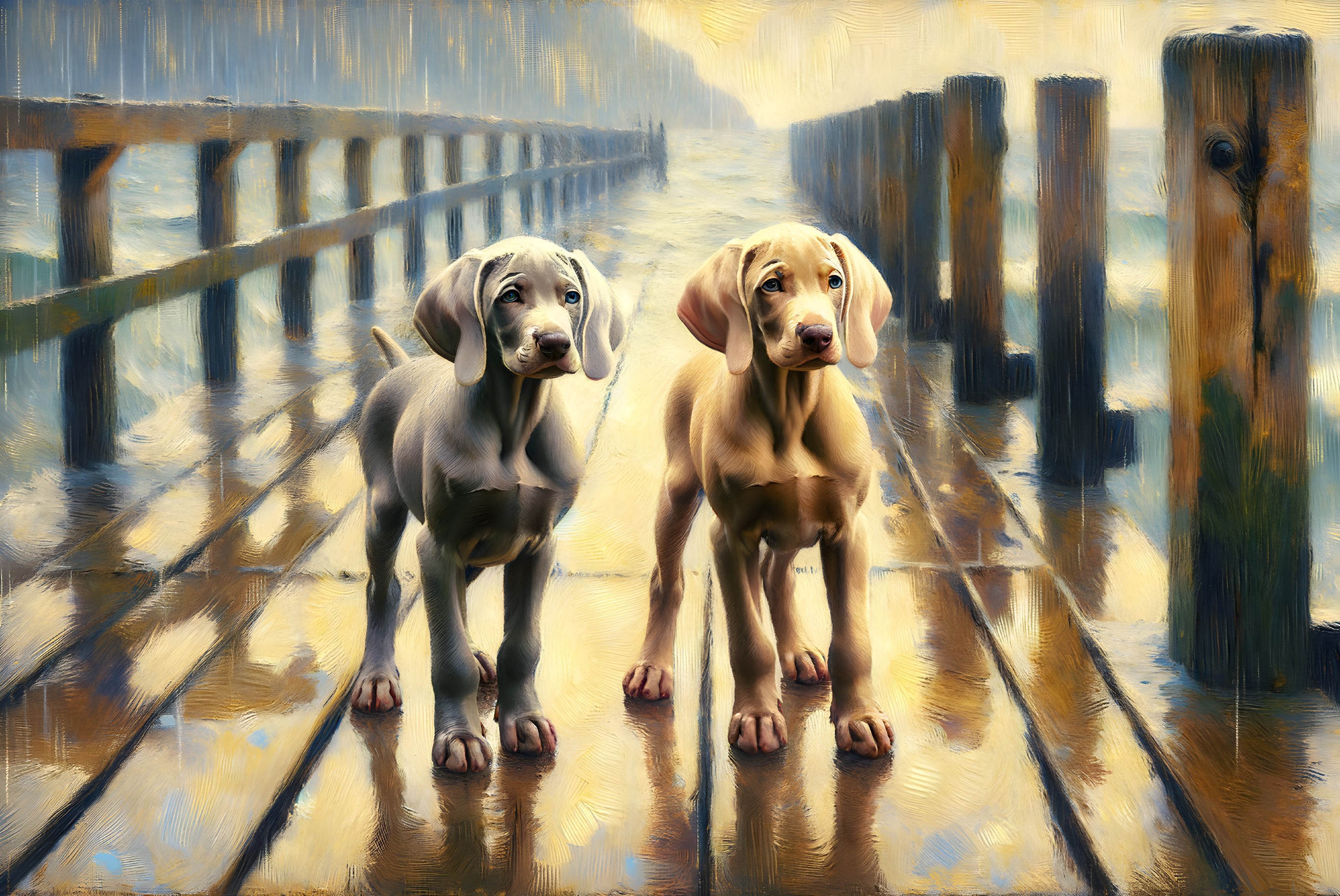 Puppies on a Wooden Pier by Serene Water Scene