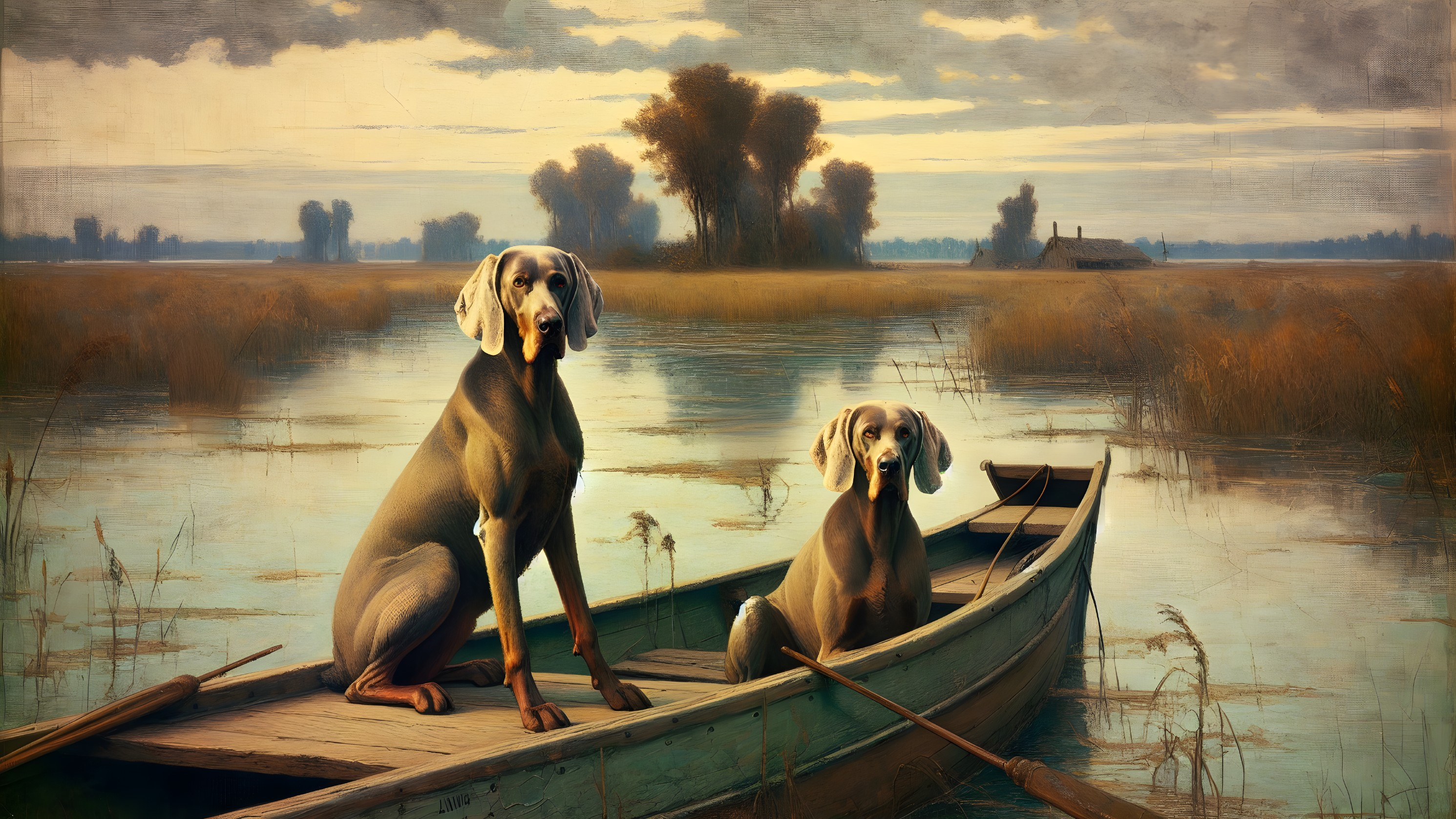 Weimaraner Dogs in Boat at Sunset on Still Waters
