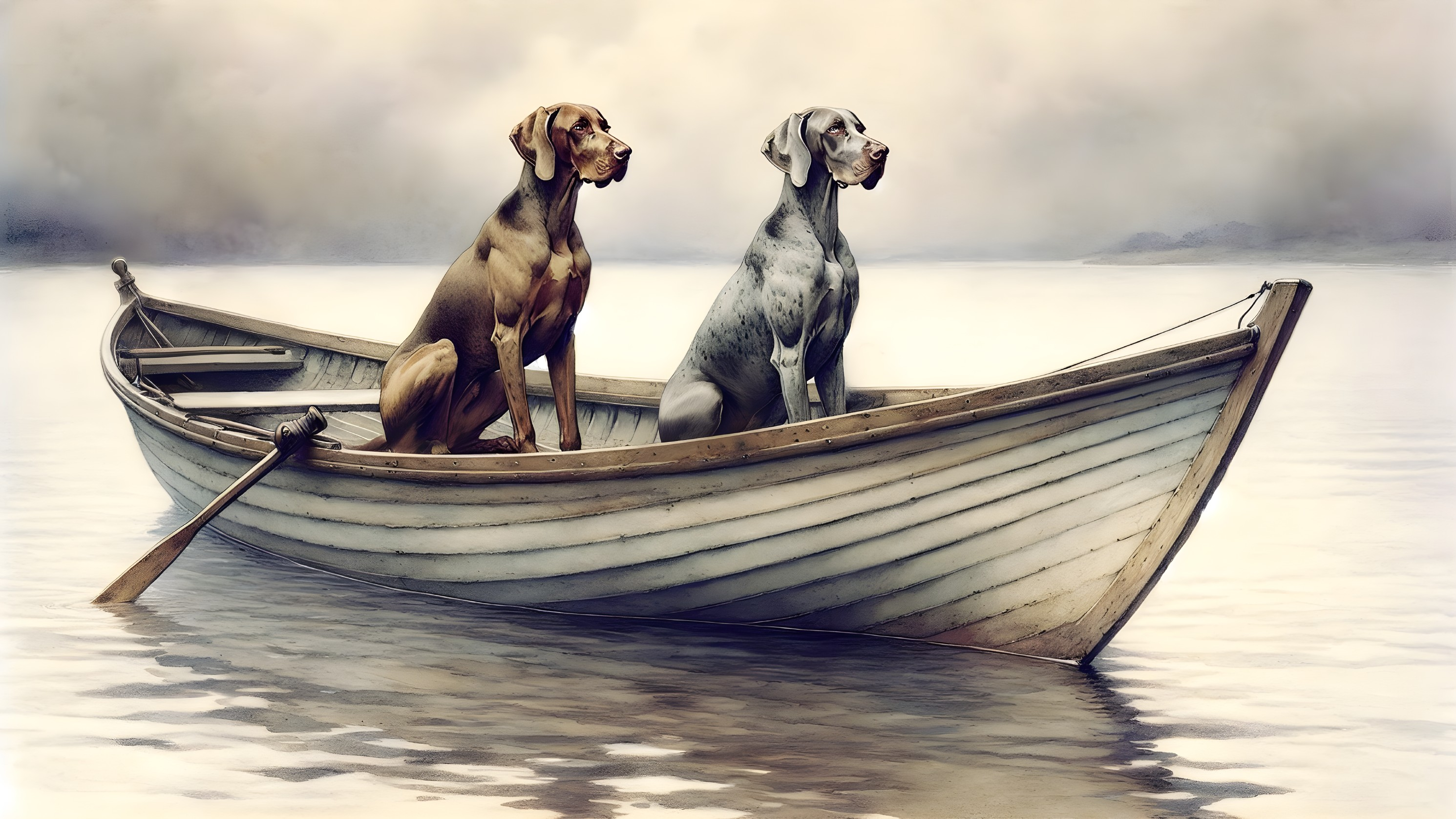 Dogs in a vintage boat on calm waters with mist