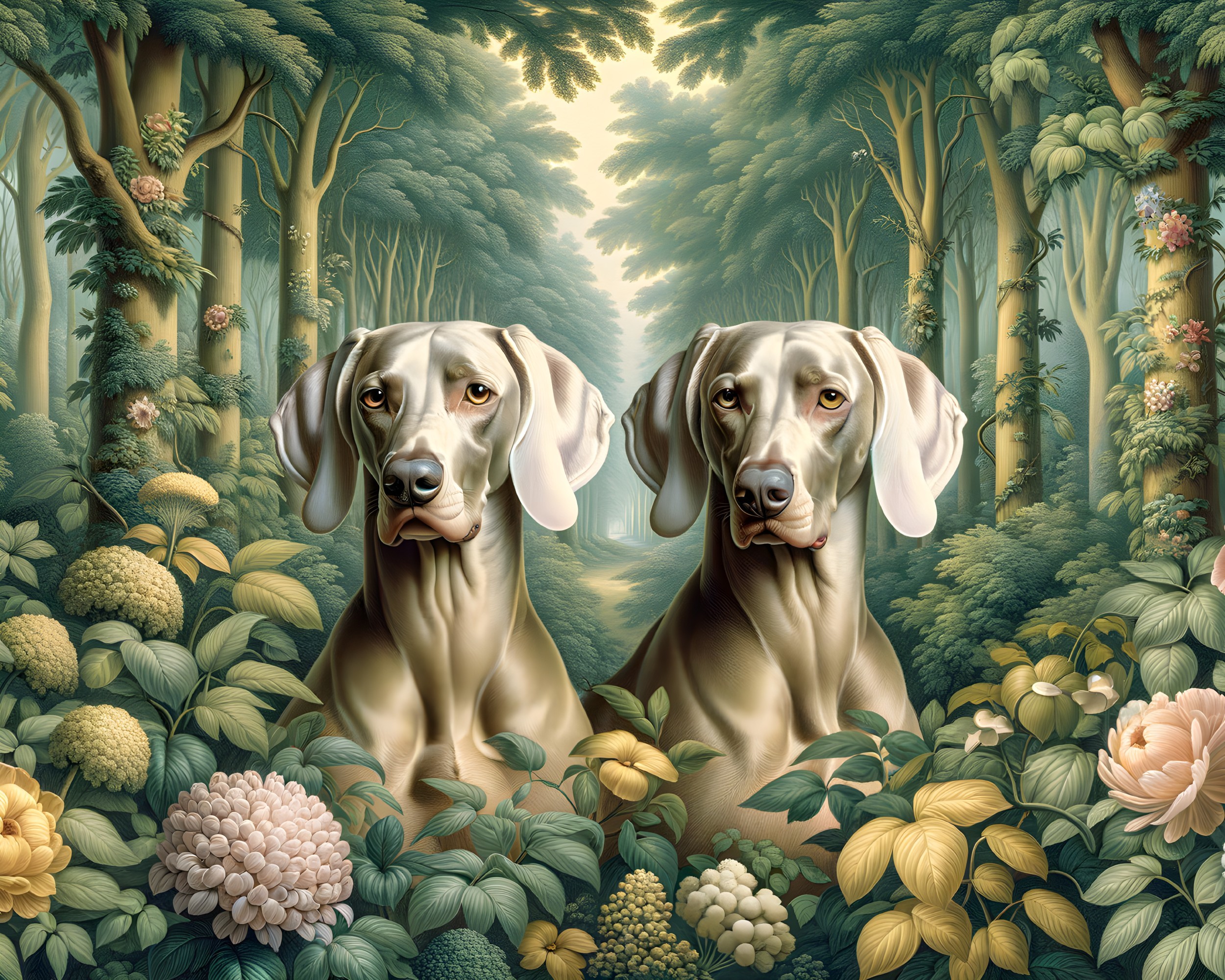 Weimaraners in a Lush Forest with Pastel Flowers