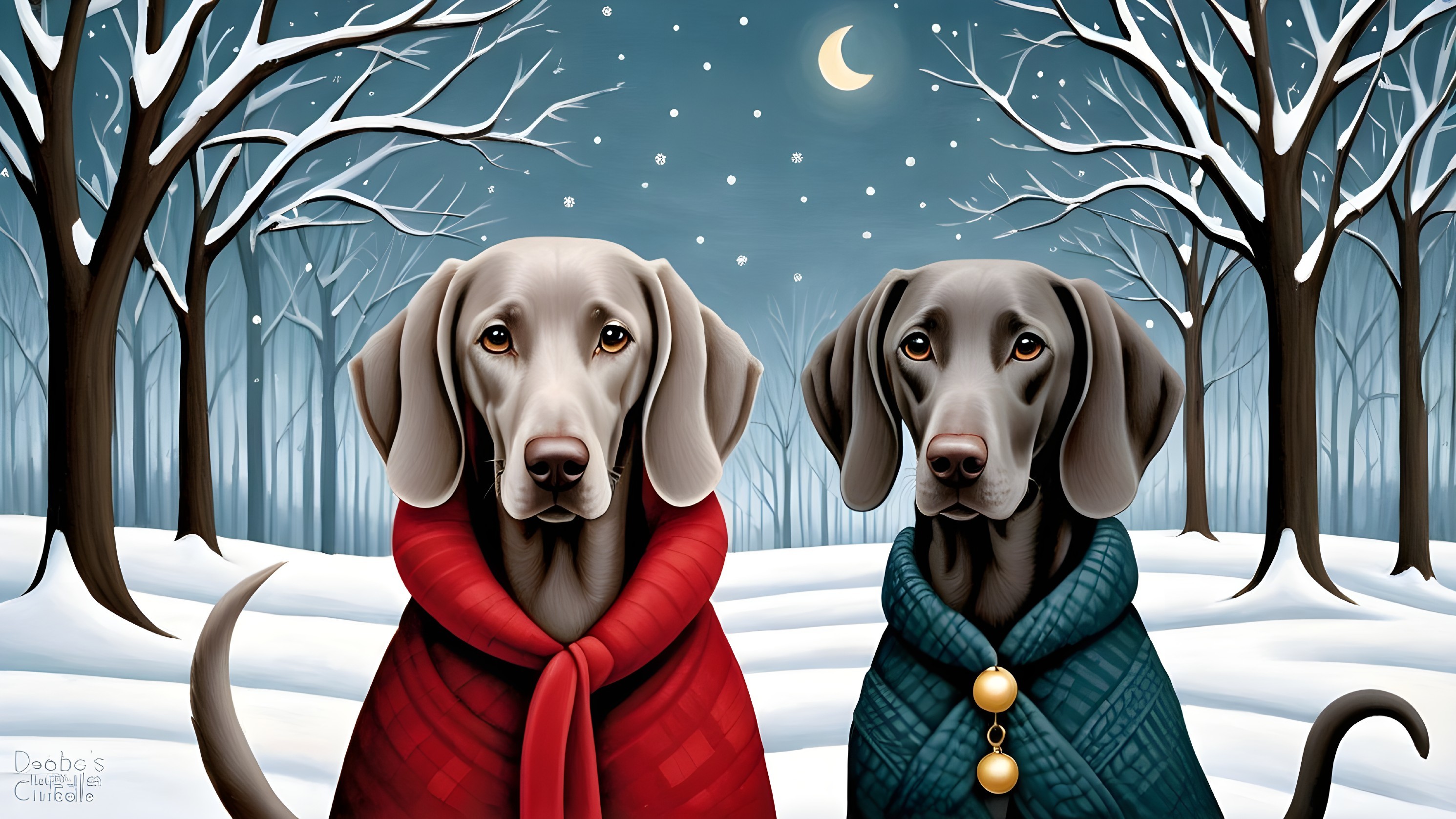 Elegant gray dogs in capes in snowy landscape