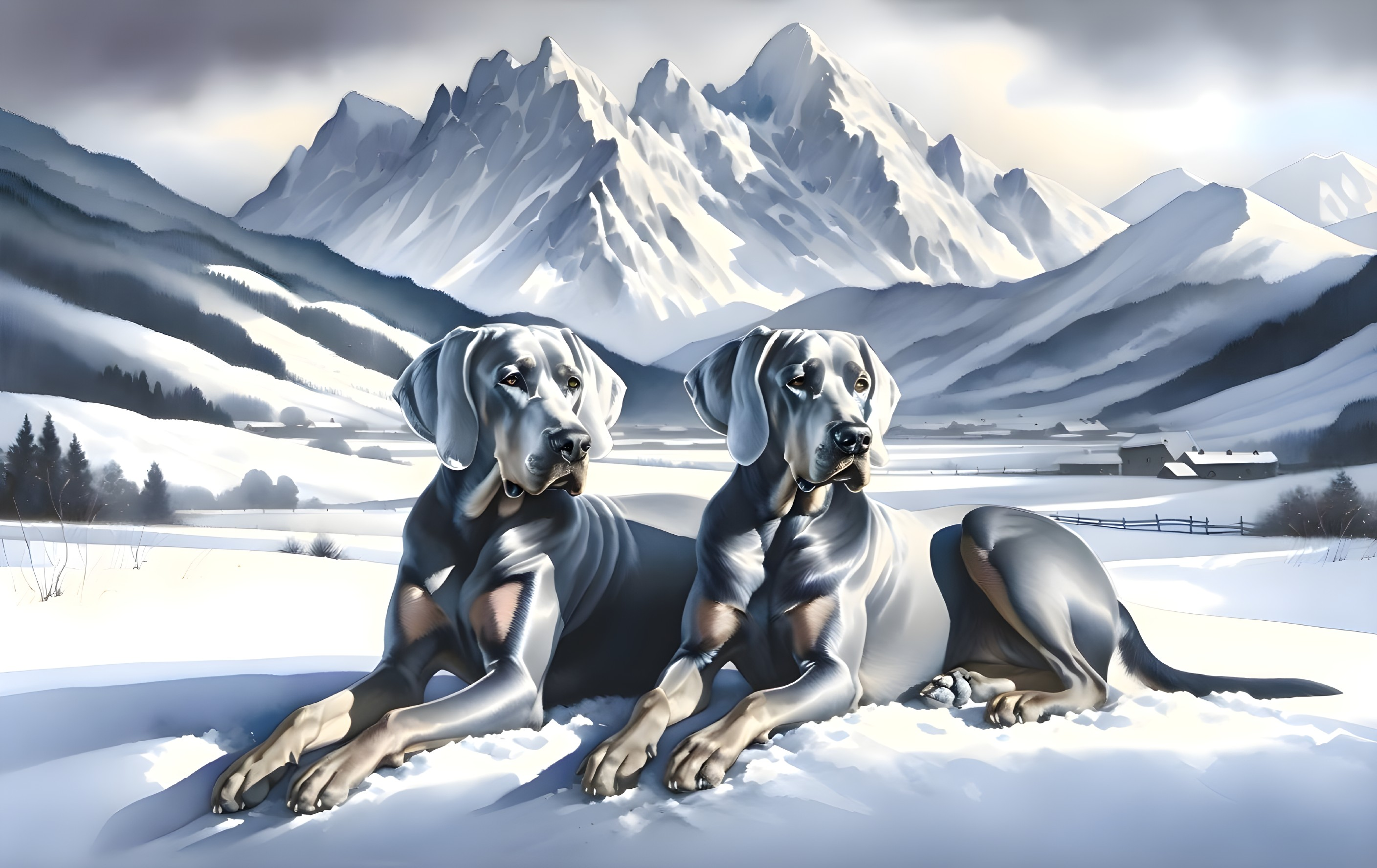 Great Danes in a Serene Snowy Landscape with Mountains