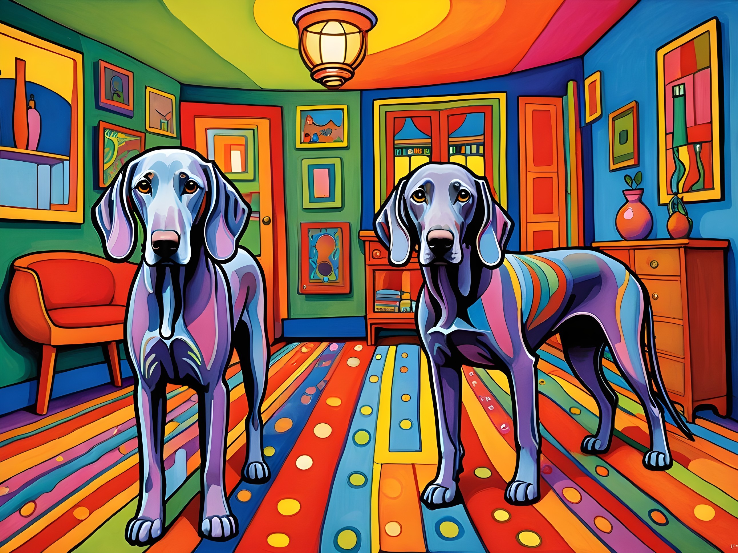 Stylized Dogs in a Colorful Abstract Room Setting