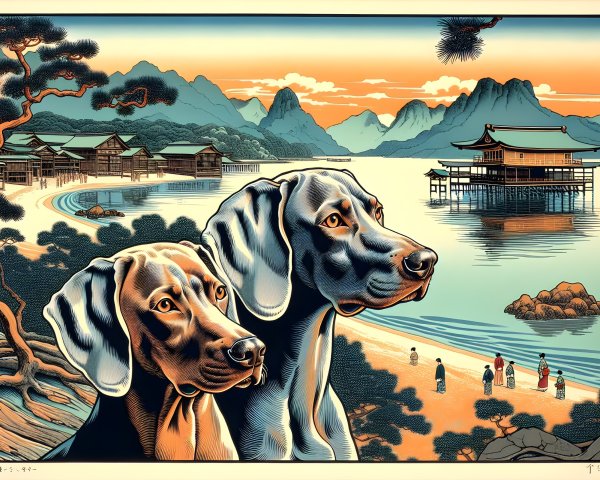 Ukiyo-e Artwork of Dogs Overlooking Japanese Bay