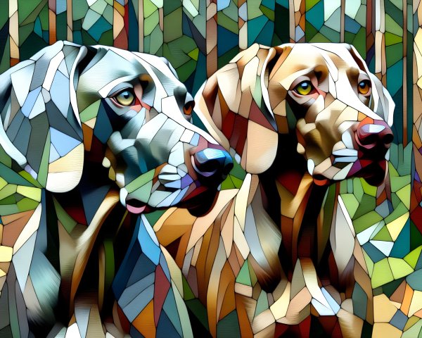 Stylized Dogs in Geometric Art with Vibrant Background