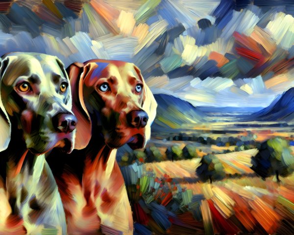 Weimaraner Dogs in Colorful Landscape Scene