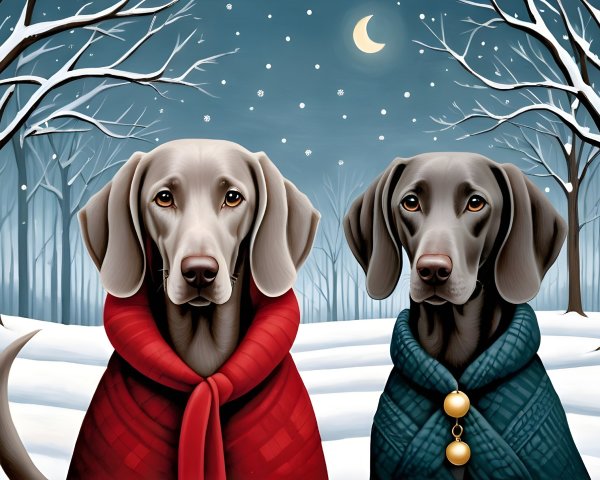 Elegant gray dogs in capes in snowy landscape