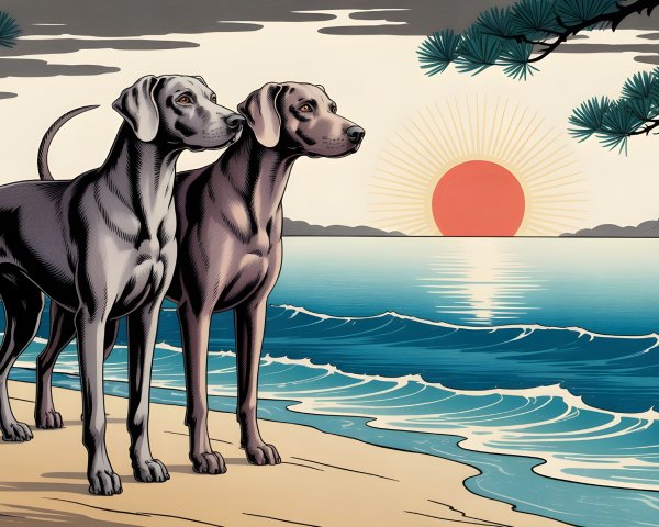 Dogs on a Beach at Sunset with Serene Landscape