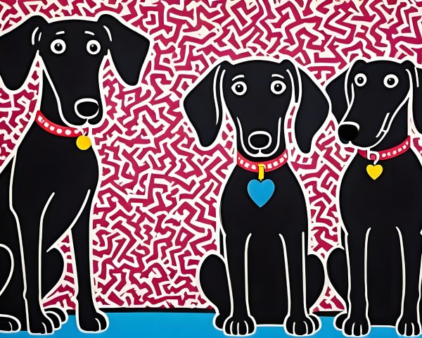 Cartoon Black Dogs with Colorful Collars on Abstract Background