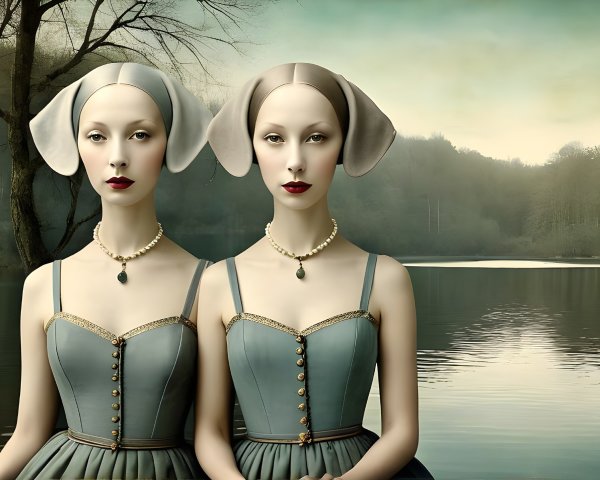 Stylized Figures by a Serene Lake in Vintage Dresses