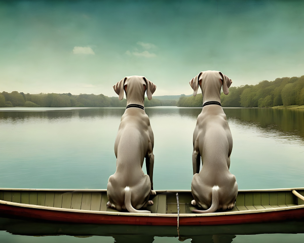 Great Danes in a Boat by a Tranquil Lake