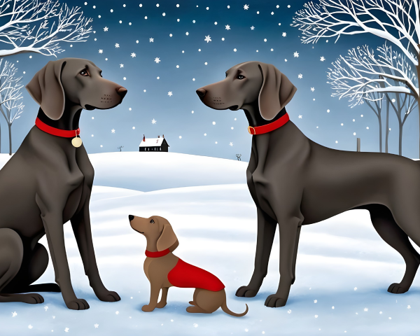Whimsical Winter Landscape with Elegant Dogs
