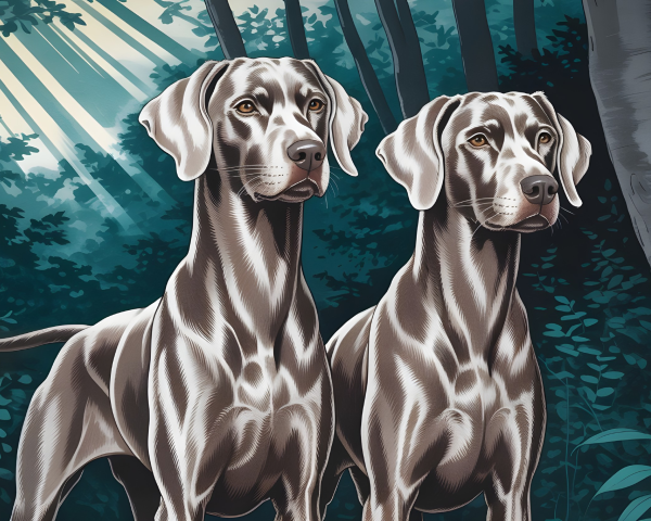 Elegant dogs in a lush forest setting with sunlight