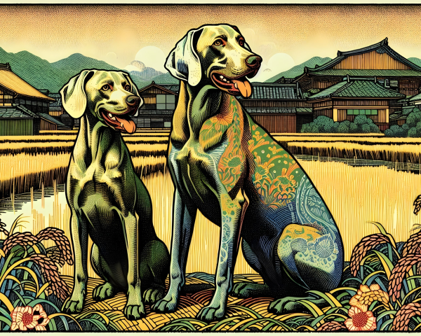 Dogs with tattoos in a rice field setting