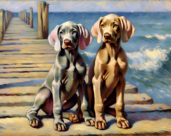 Puppies on a Pier Overlooking a Tranquil Sea