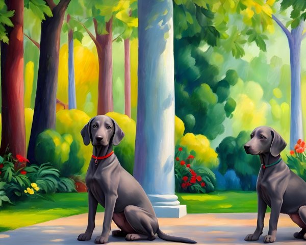 Gray Dogs in a Sunlit Garden with Stone Column