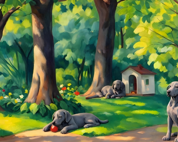 Gray Dogs Relaxing in a Sunlit Meadow with Flowers
