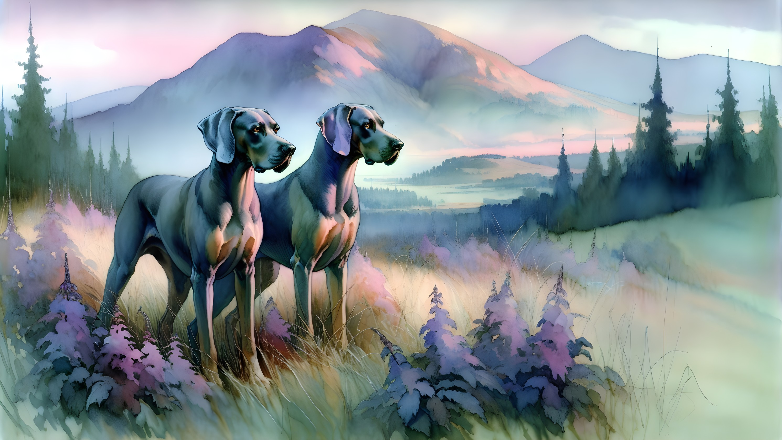 Majestic Dogs in Colorful Serene Landscape at Sunrise