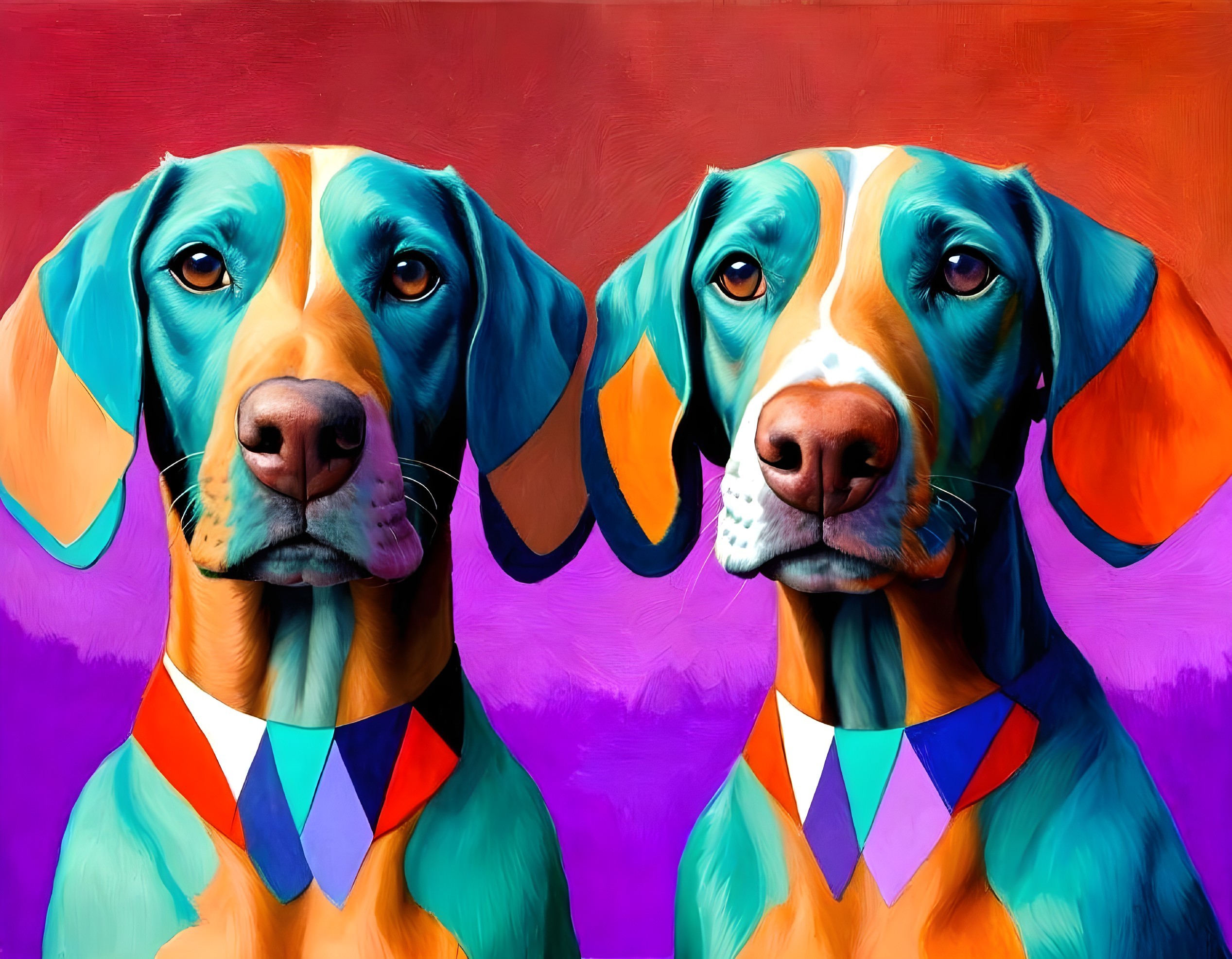 Colorful Dog Paintings with Collars and Vibrant Backgrounds