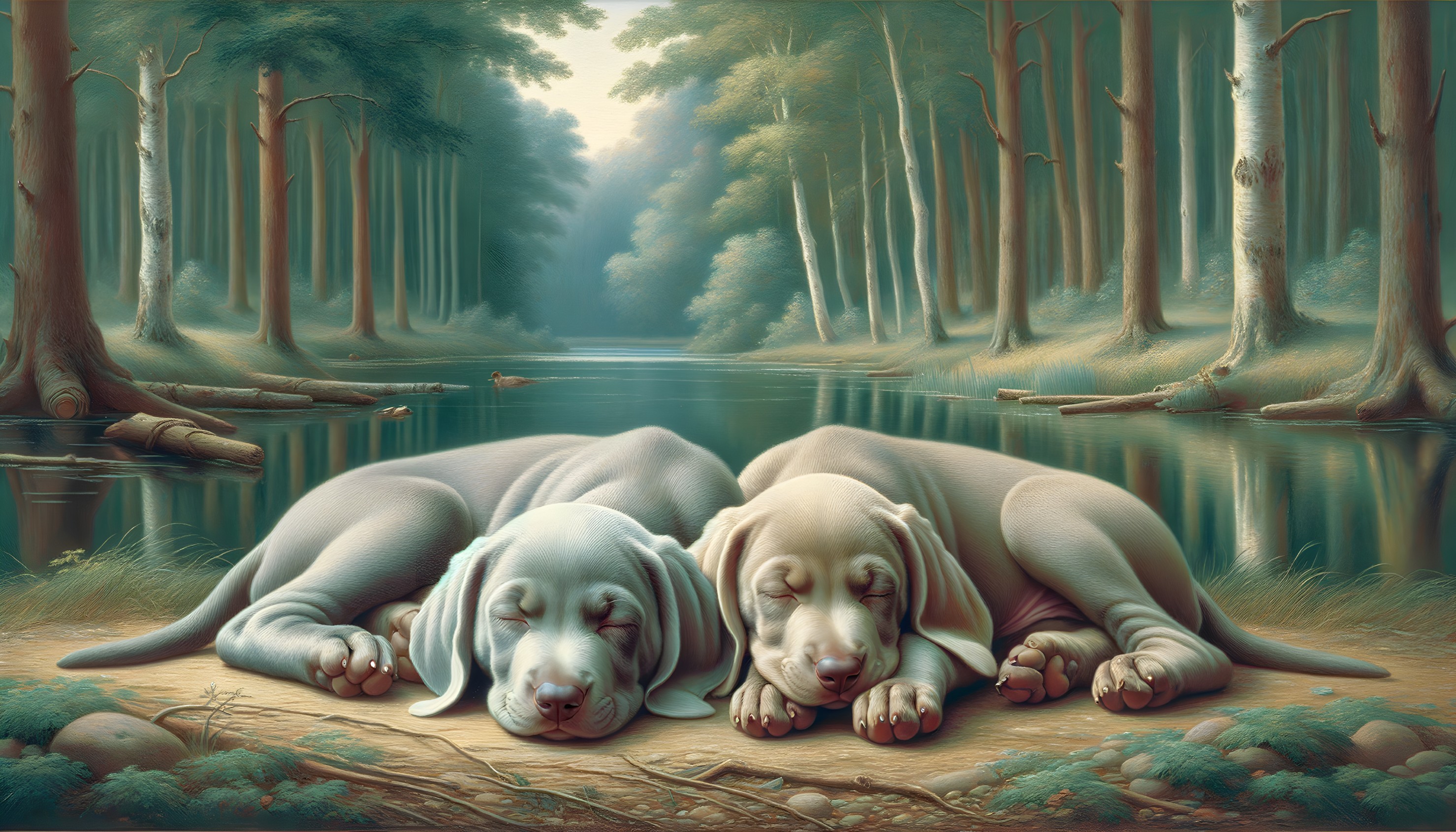 Puppies Sleeping Peacefully by a Tranquil Riverbank