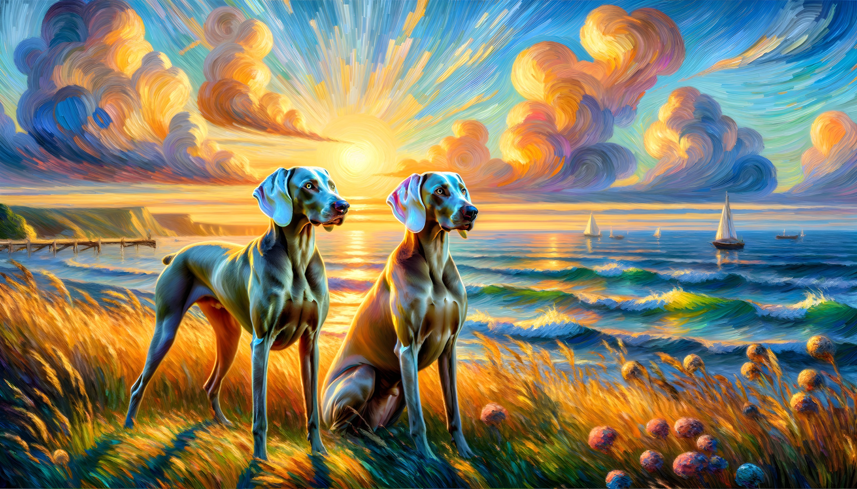 Elegant dogs in vibrant sunset landscape by the ocean
