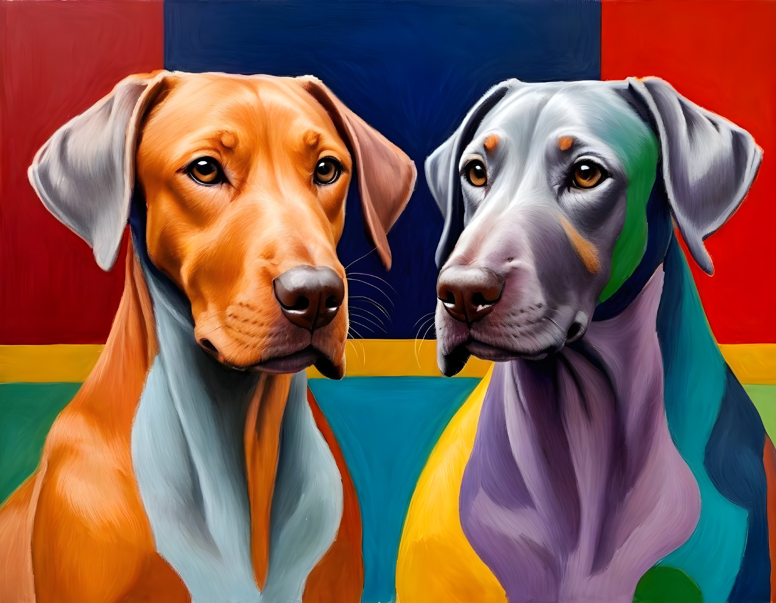 Vibrant multicolored background with two dogs artwork