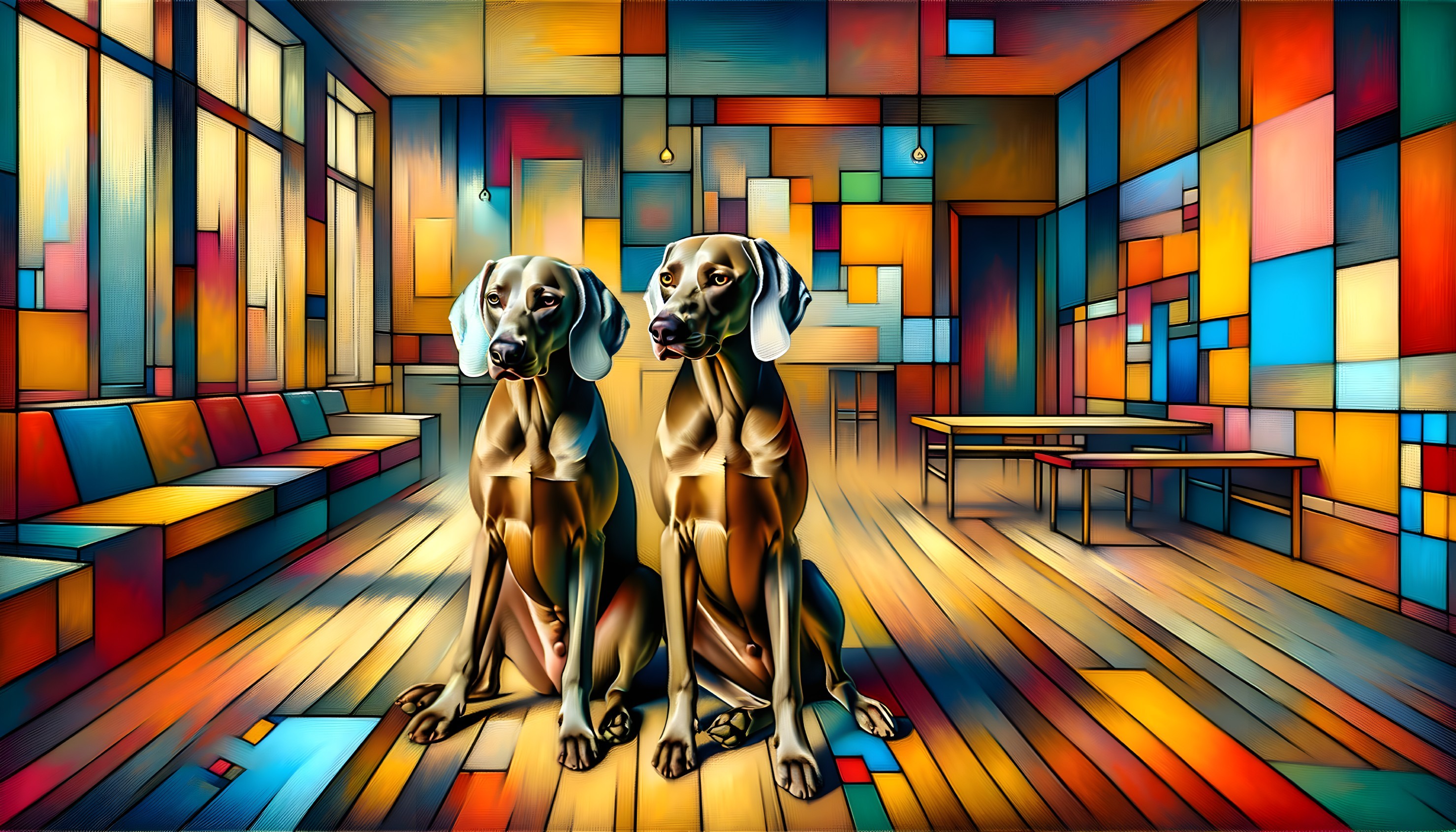 Elegant dogs in a vibrant abstract room setting