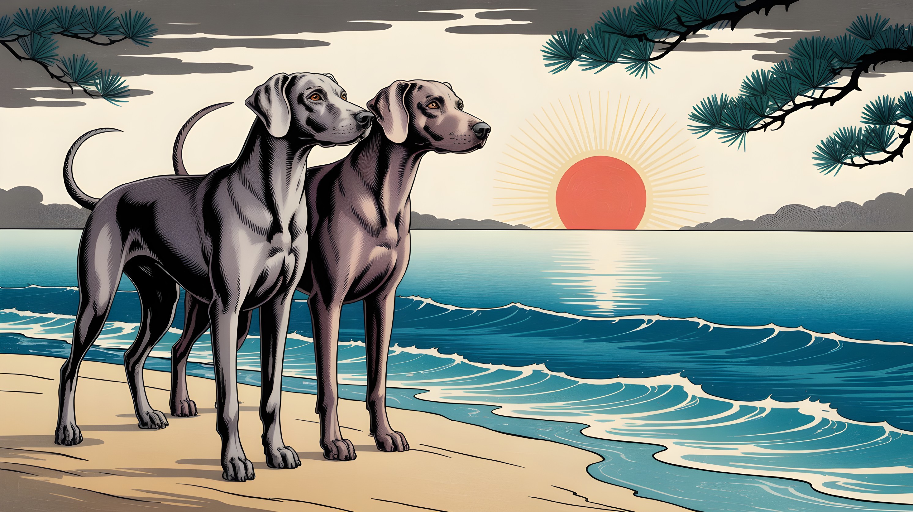 Dogs on a Beach at Sunset with Serene Landscape