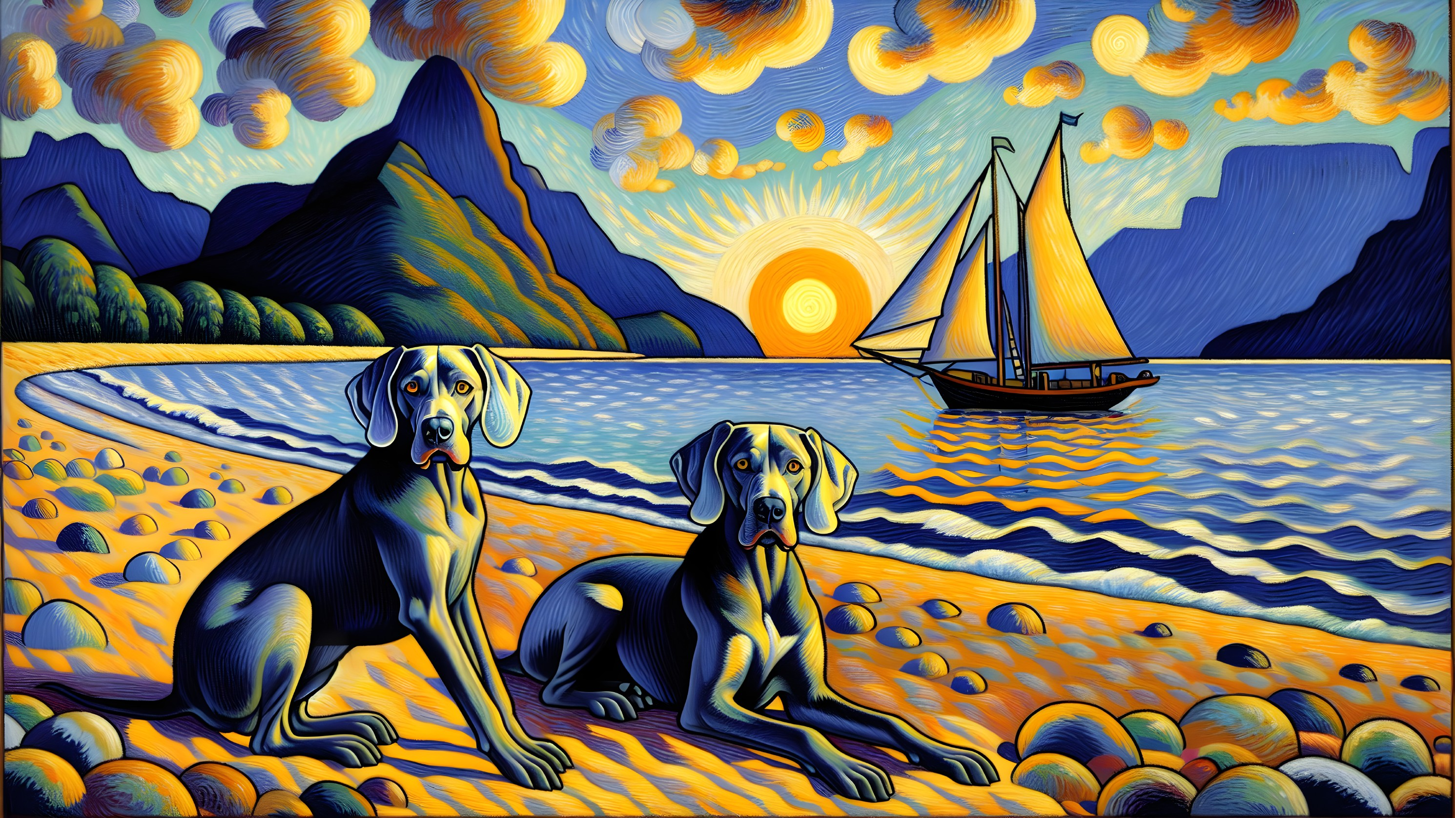 Dogs on Beach at Sunset with Mountains and Sailboat