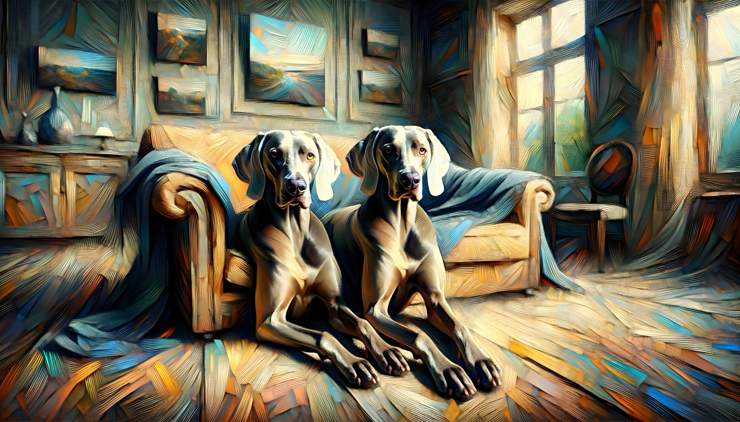 Elegant Dogs Relaxing on a Sunlit Cozy Sofa